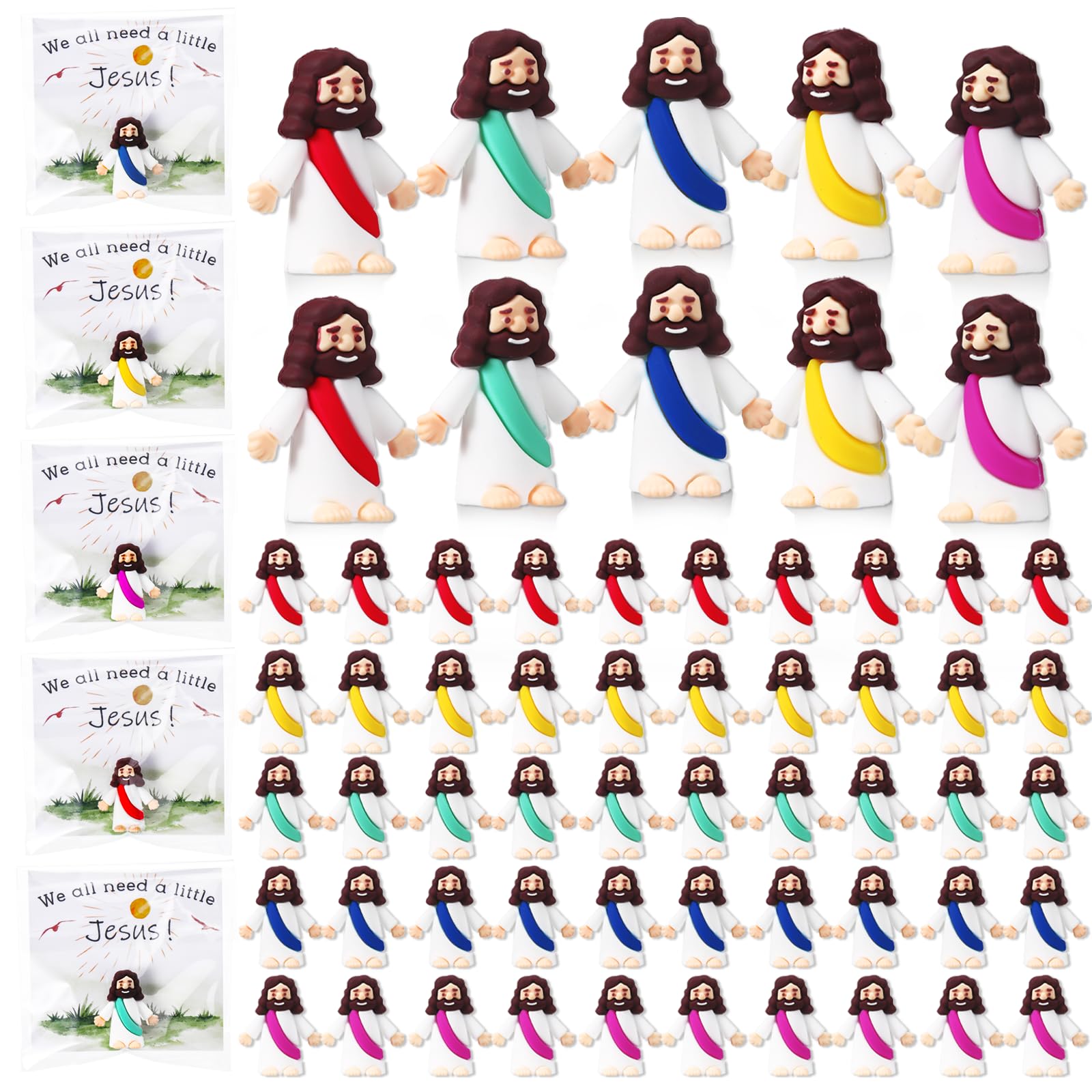 WGXX 50 Sets Little Jesus Figurines Bulk Easter Mini Jesus Figurines Set with 50 Prayer Cards and 50 Bags for Hide and Seek Religious Party Favors, Church, Baptism Gifts Stuffers for Sunday School