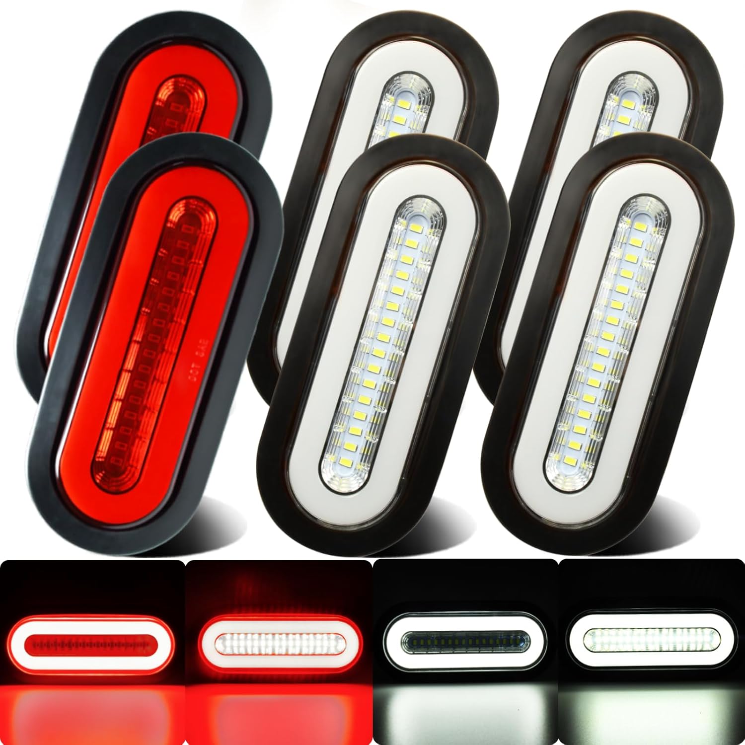 6pcs 6 inch Oval LED Trailer Trucks Halo Tail Lights Red Stop Brake Turn Lights White LED Reverse Back up Tail Lights w/Rubber Grommet Flash Mount For RV/Van, DC 12V
