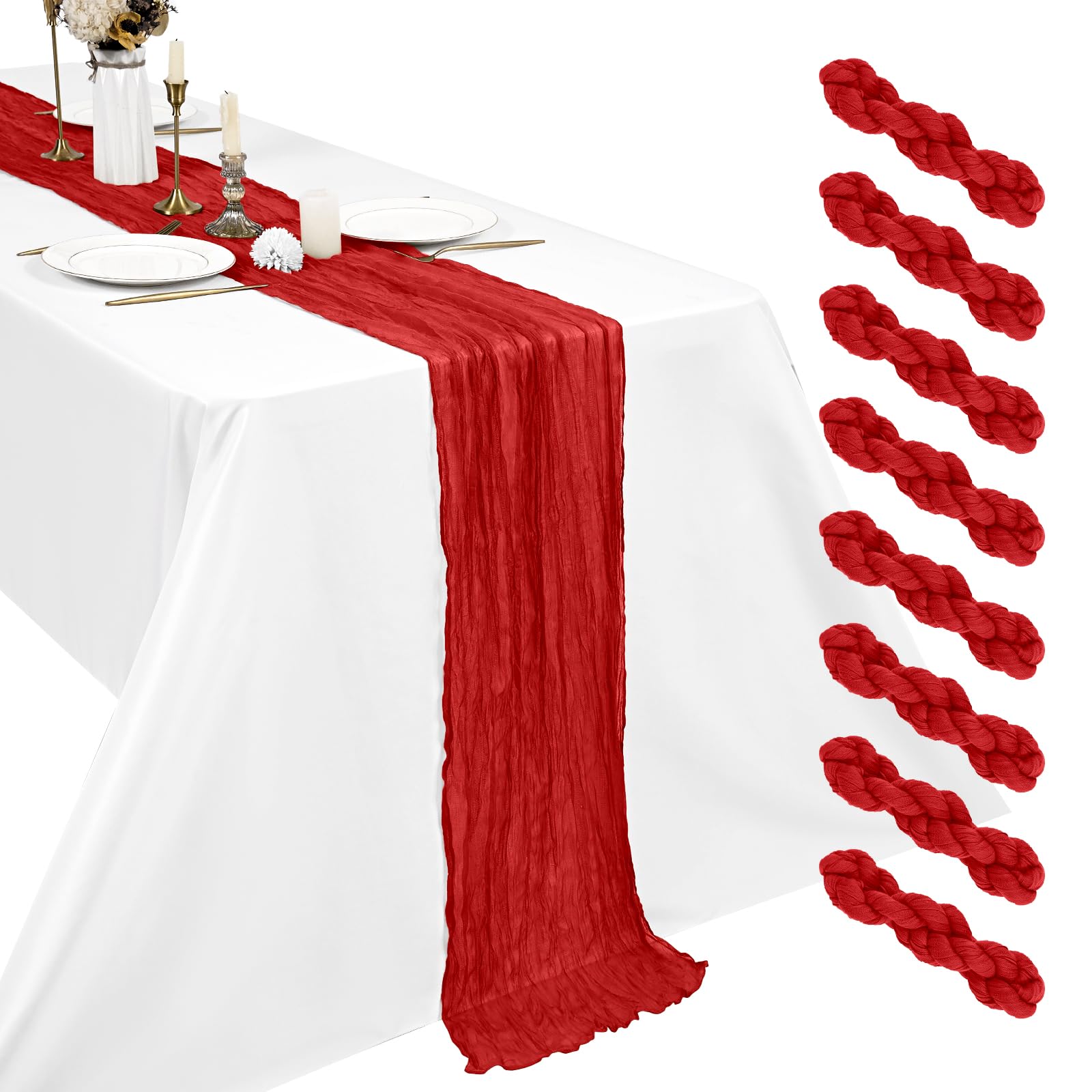 8 Pack Red Cheesecloth Table Runner, 17.7 x 108 inch Boho Gauze Table Runner 45x275 cm Rustic Romantic Long Table Runner for Wedding Party Bridal Shower Christmas Decoration