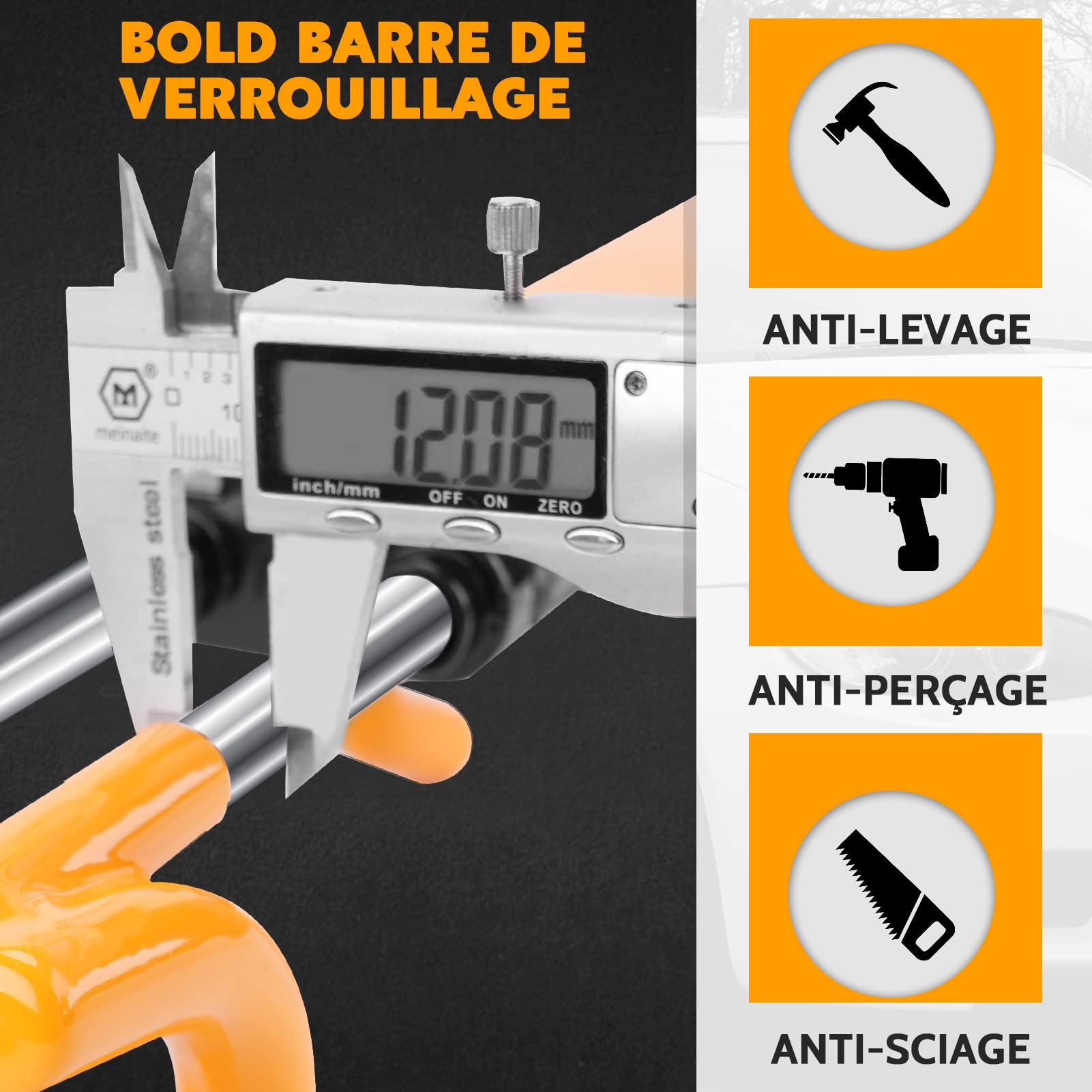 Tevlaphee Antivol Voiture, Canne Antivol Voiture, Antivol Volant Voiture, Barre Sécurité Véhicule, Haute Visibilité, Robuste, Ajustement Universel, 3 Clés(Jaune)