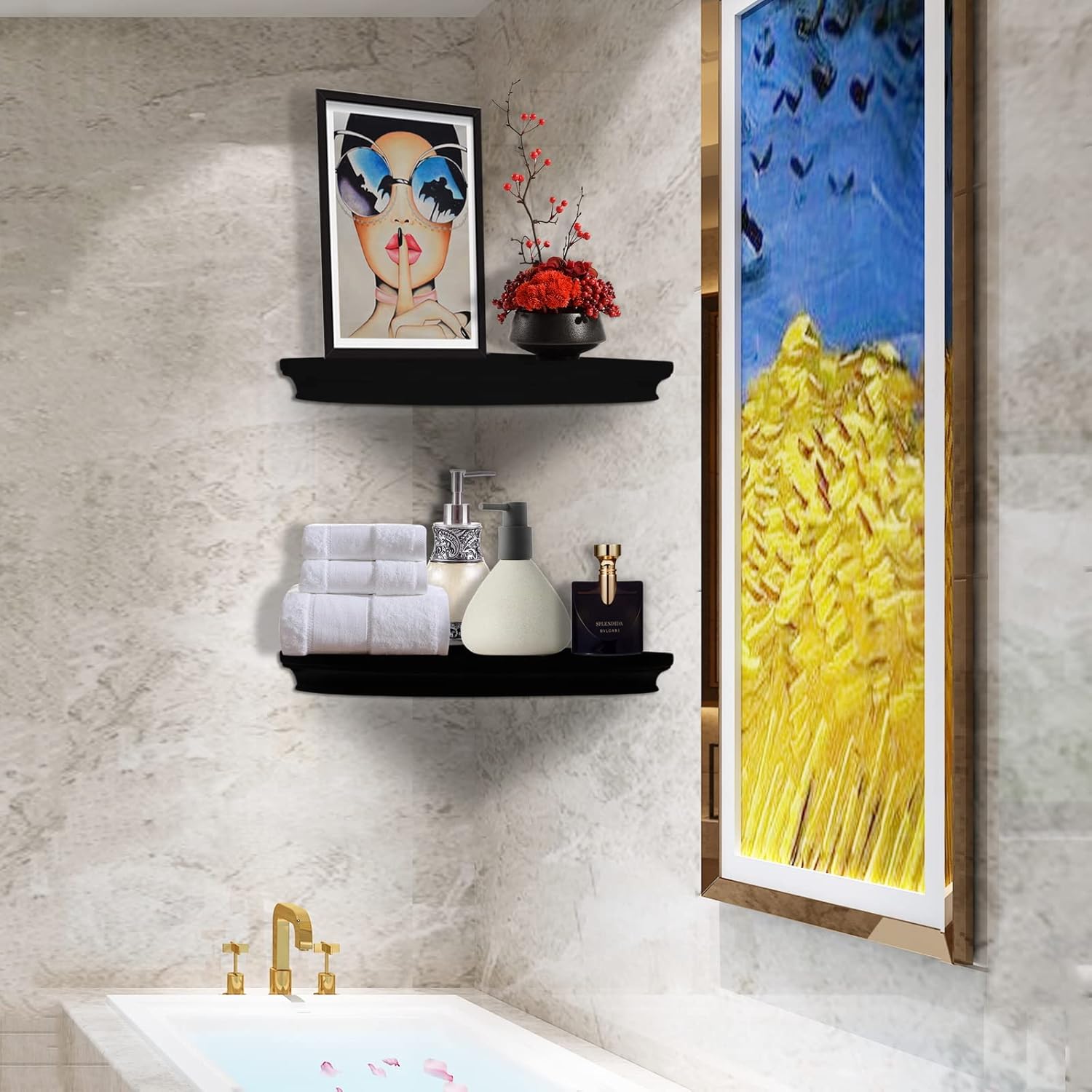 Floating Corner Wall Shelves Radial Wood Mounted Display Shelf for Bedroom Living Room Bathroom Kitchen 12 Inch Set of 2 Black