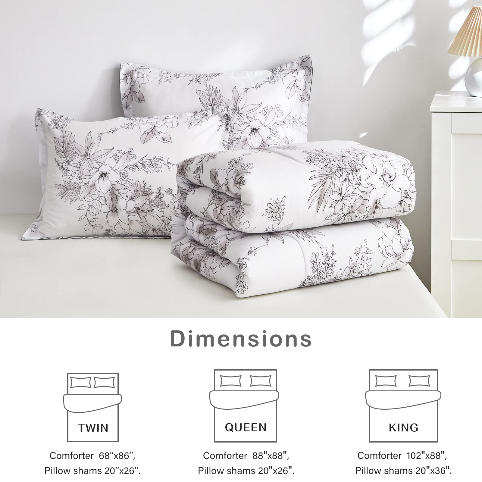 FlySheep Floral Comforter Set King Size, Green and White Botanical Pattern Printed Reversible Bedding Set, Ultra Soft Microfiber Breathable and Warm for All Season