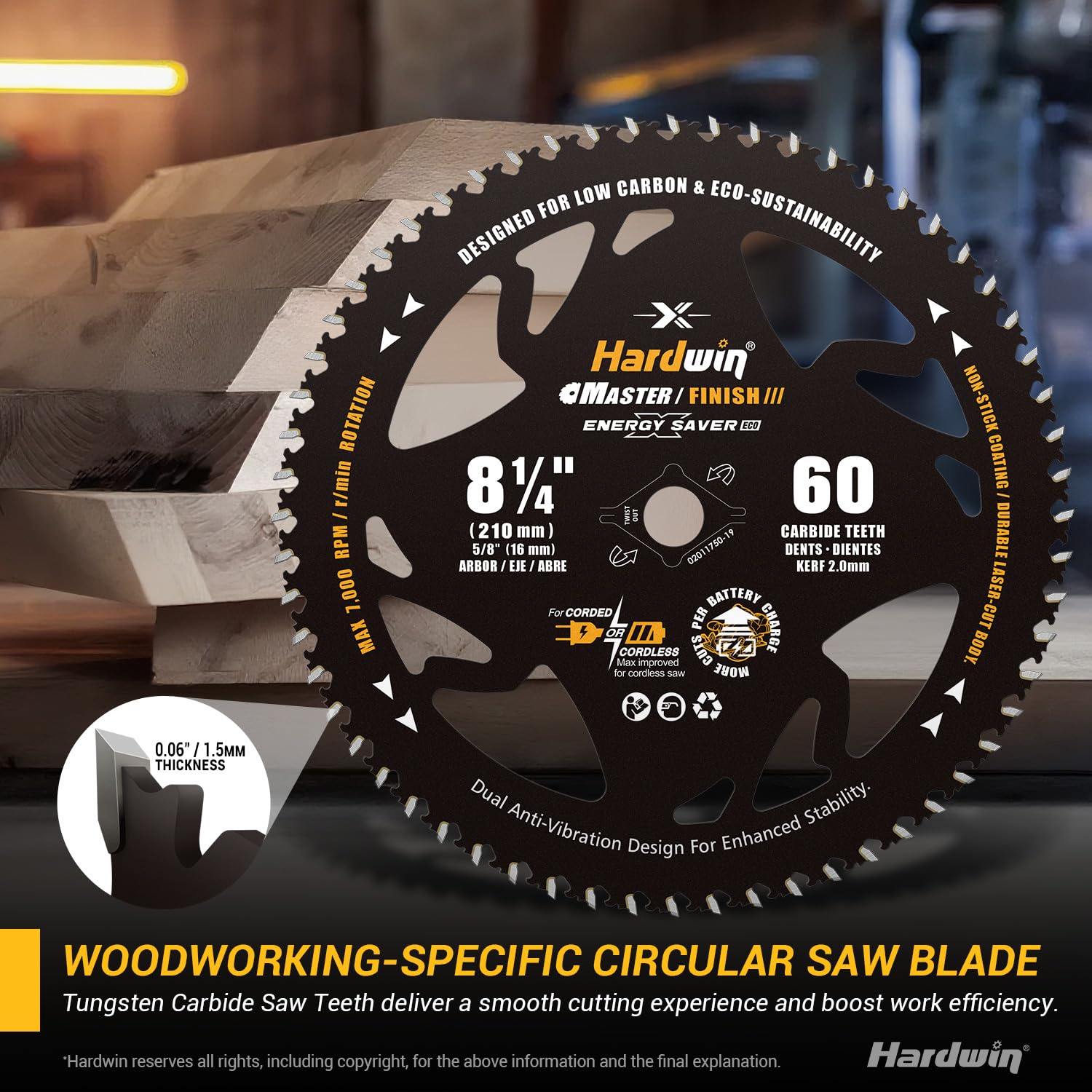 8-1/4 Inch Table Saw Blade 60 Tooth Fine Finish, 5/8" Arbor with Diamond Knockout, Ultra Thin Kerf Woodworking Blade for Cordless & Corded Saws, Carbide Tipped for Hardwood, Plywood, MDF