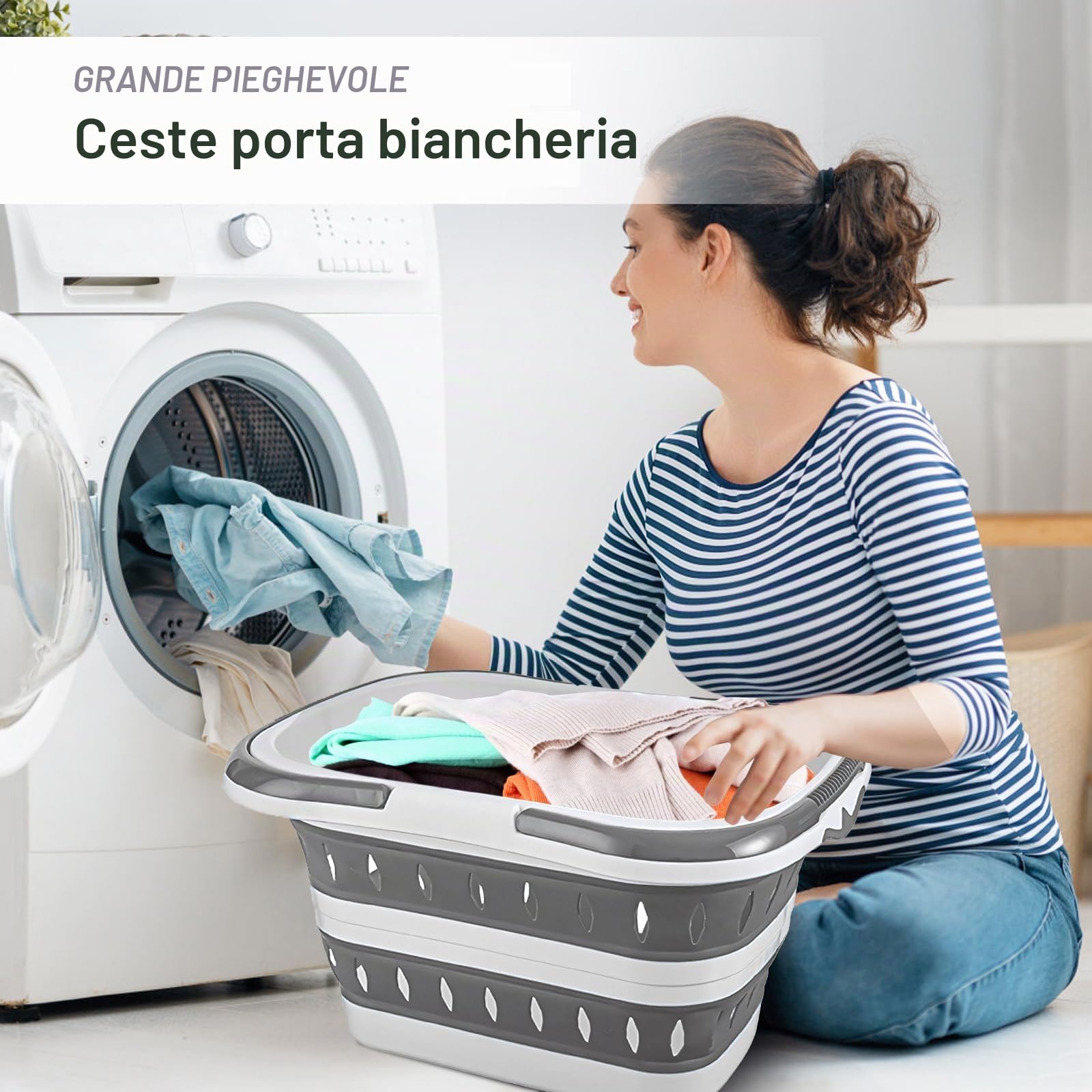 Cesto portabiancheria pieghevole in plastica da 50 litri con manici pieghevoli, cestino portatile salvaspazio per lavanderia, 50 x 38,6 x 29 cm