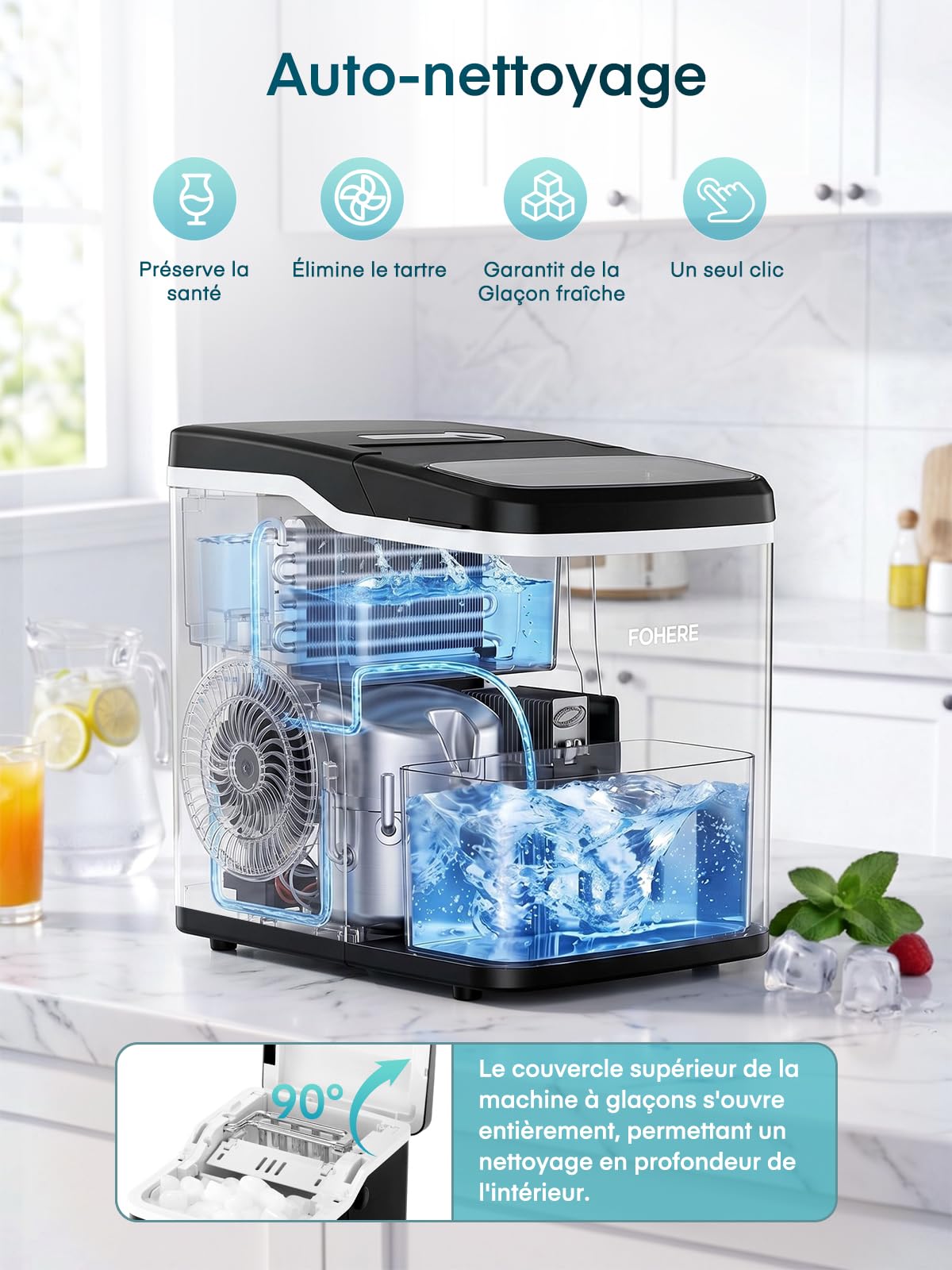 FOHERE Machine à Glaçons de Comptoir, 9 Glaçons en 5 Min, Capacité 14KG/24H, Machine a Glacons Compacte avec Fonction d’Auto-Nettoyage, 2 Tailles de Glaçons pour Maison, Cuisine, Camping, Bureau