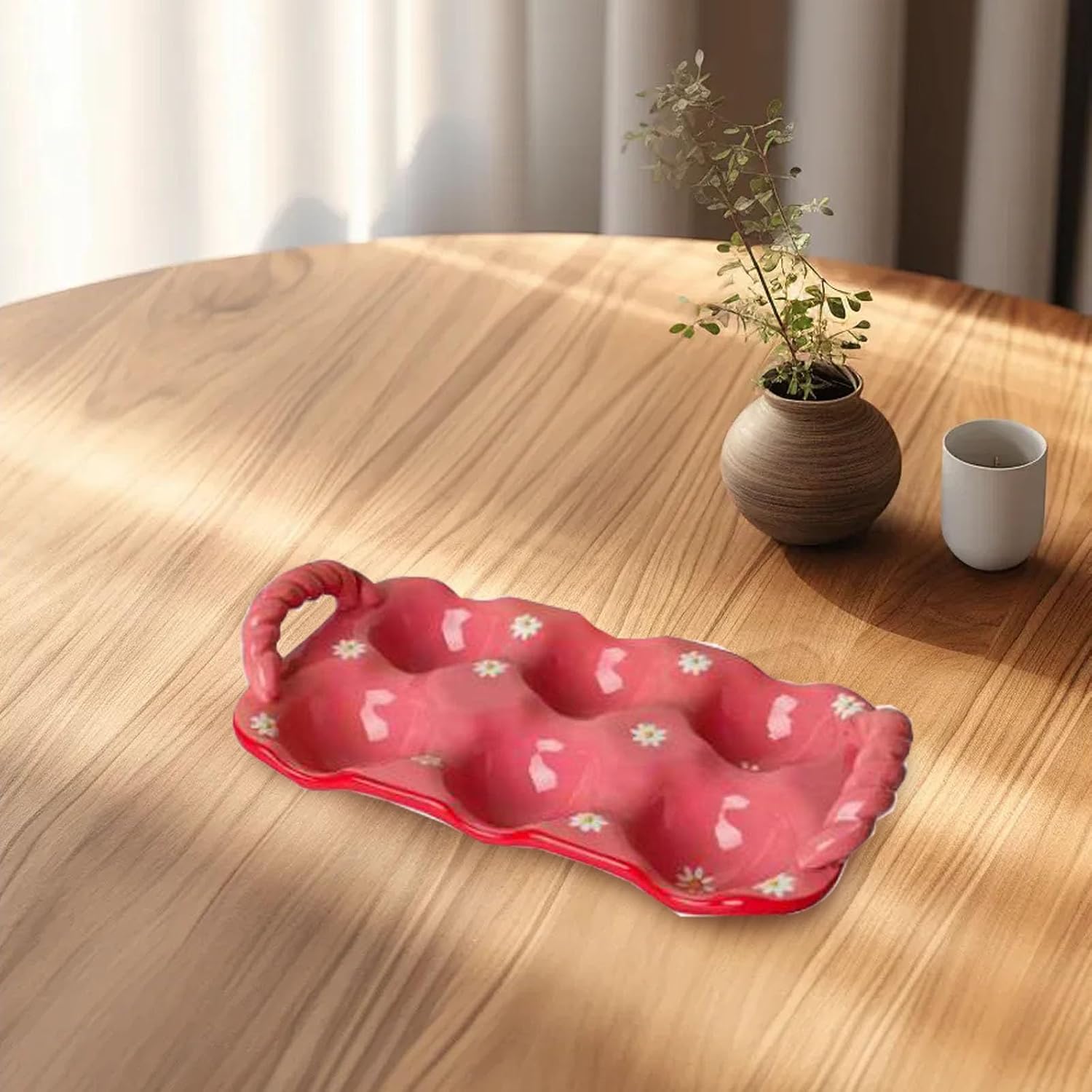 INOOMP Ceramic Egg Tray Container, 6 Cups Kitchen Egg Holder with Handle