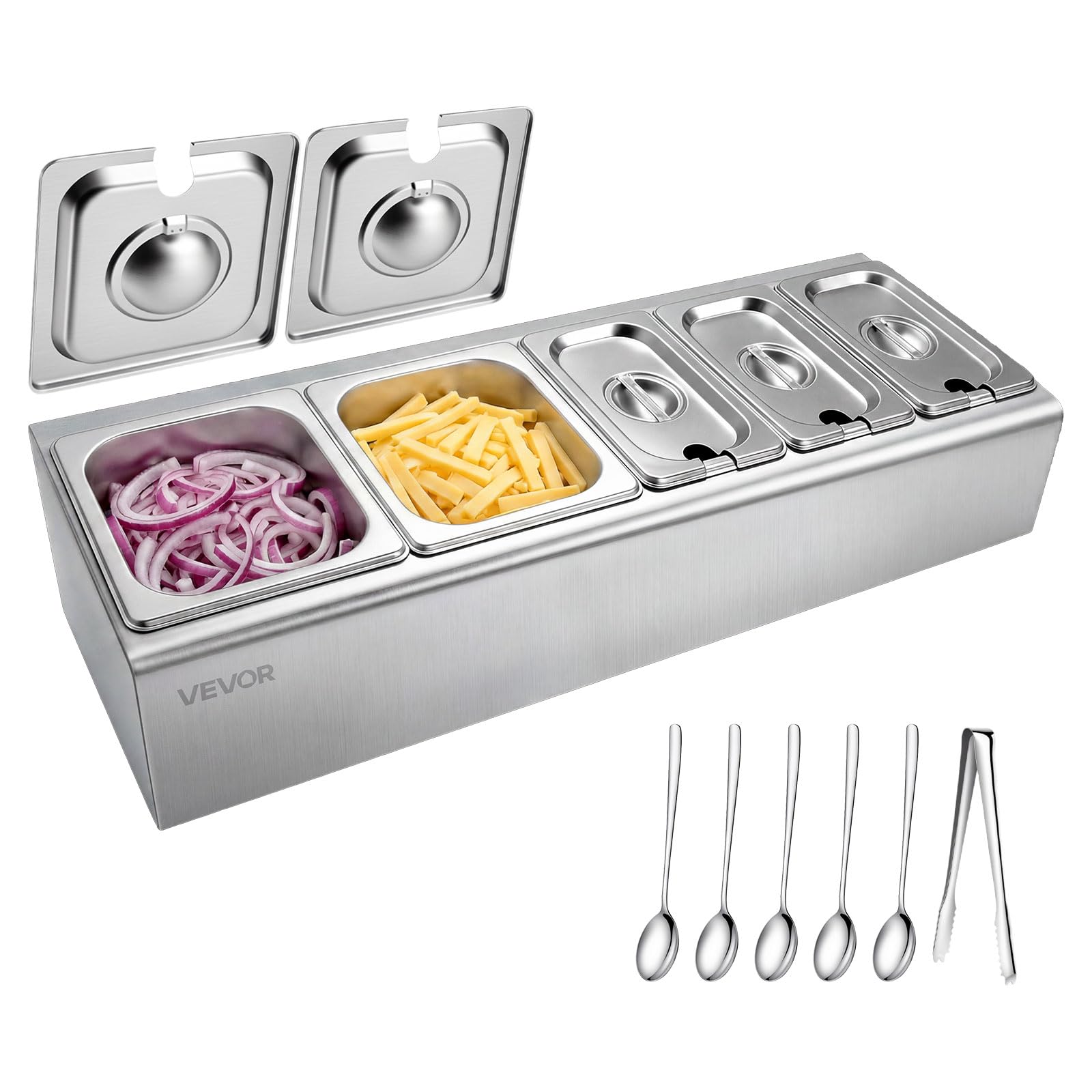 VEVOR GN-Zutatenstation mit 2 x 1/6 und 3 x 1/9 GN-Behältern, Edelstahl-Beilagenbehälter mit Separaten Deckeln, Zutatenhalter für Buffet, Restaurant, Hotel, Imbiss & Küche, Kühlhaltende Toppingstation