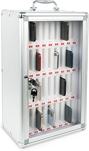 ajee Gabinete de teléfono celular con 36 ranuras de aleación de aluminio plateado, caja de almacenamiento de bolsillo con asa portátil, organizador