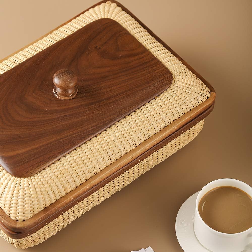 Covered Rattan and Solid Wood Home Living Room Decorations Modern Storage Basket Square Jewelry Box Fruit Basket Dining Table Storage Basket Weave