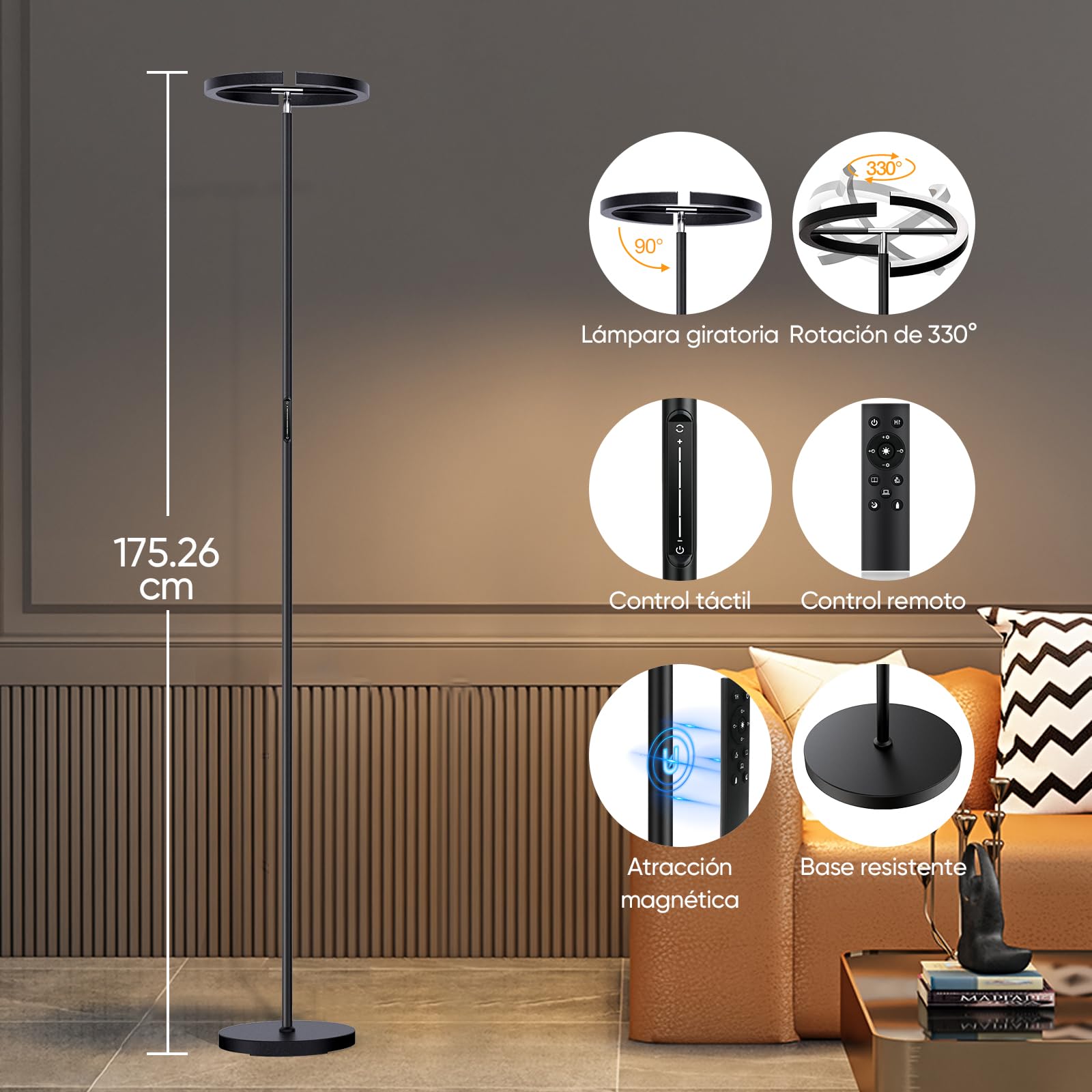 SIBRILLE Lámpara de Pie LED Regulable 20W Lampara de Pie Salon 1300LM 4 Temperatura de Color, Mando a distancia & Táctil, Negra Moderna Lámpara de Lectura para Salon Habitacion Dormitorio Despacho