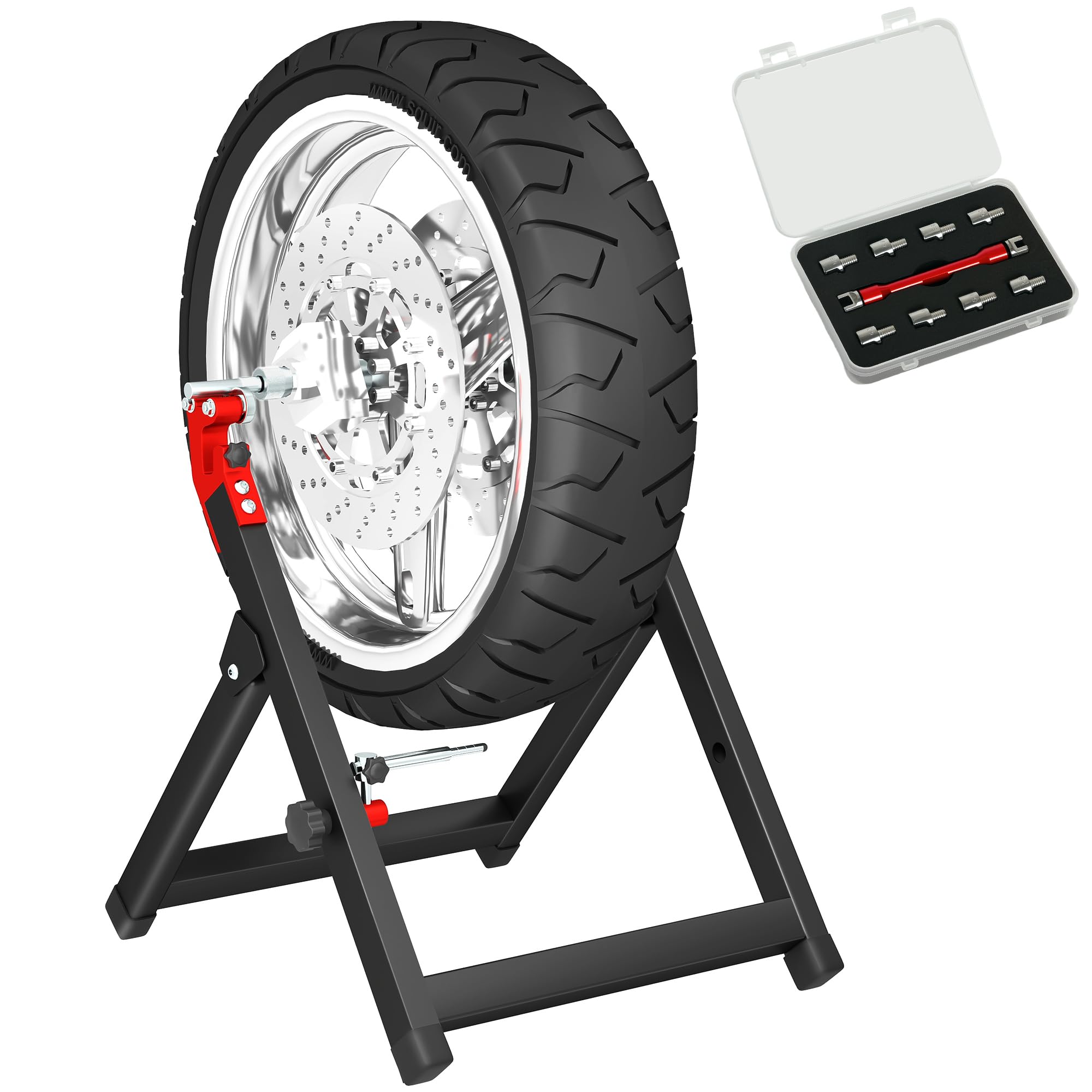 HOMCOM Bilanciatore manuale di ruote moto alluminio e acciaio bilanciamento danni ruote pieghevole con chiave a raggi, compatibile fino a 21 pollici, nero