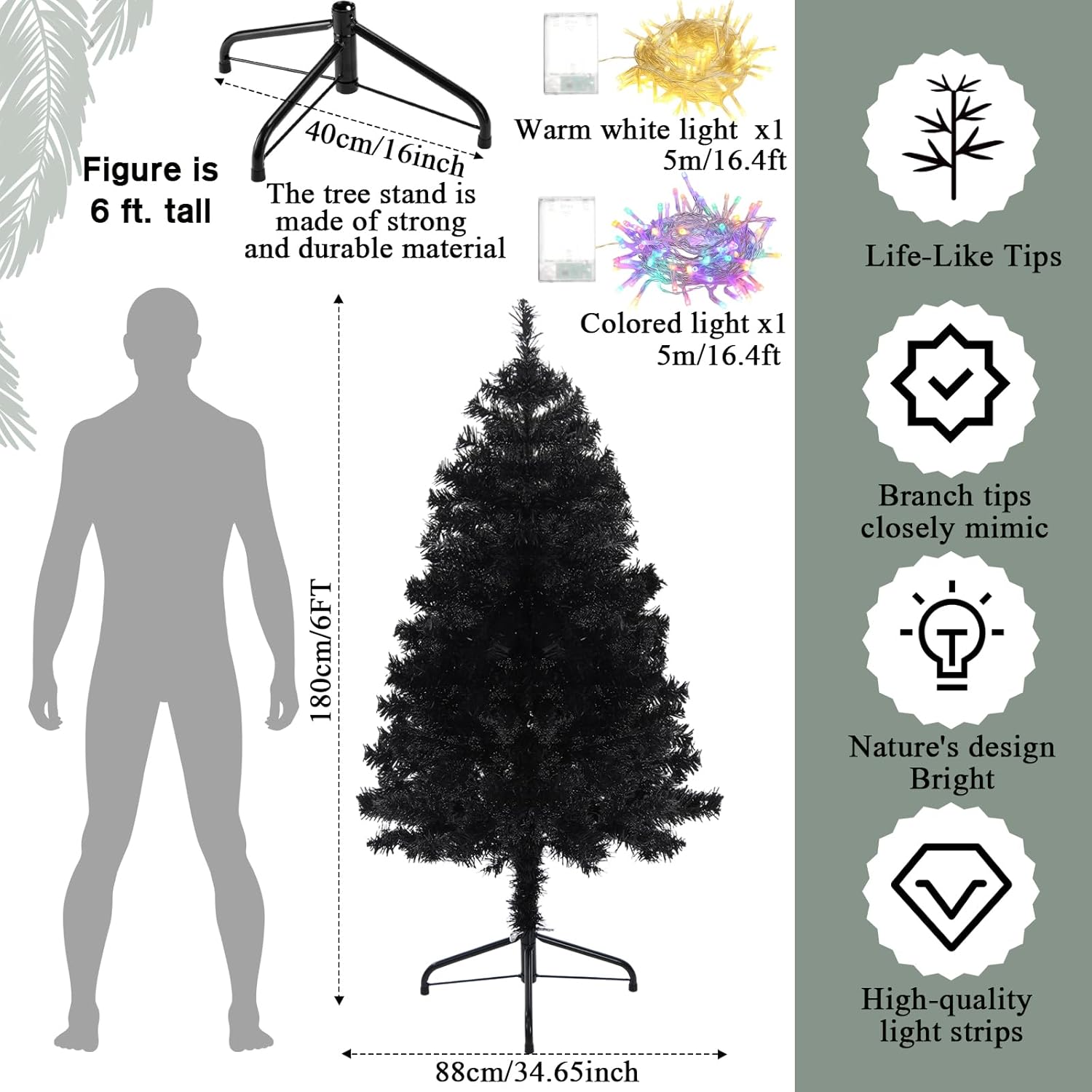 Lunmon Half Christmas Tree for Wall Corner Artificial Christmas Tree with LED Lights Metal Stand Xmas Holiday Decor for Home Indoor Xmas Party Decoration(Black,6ft)