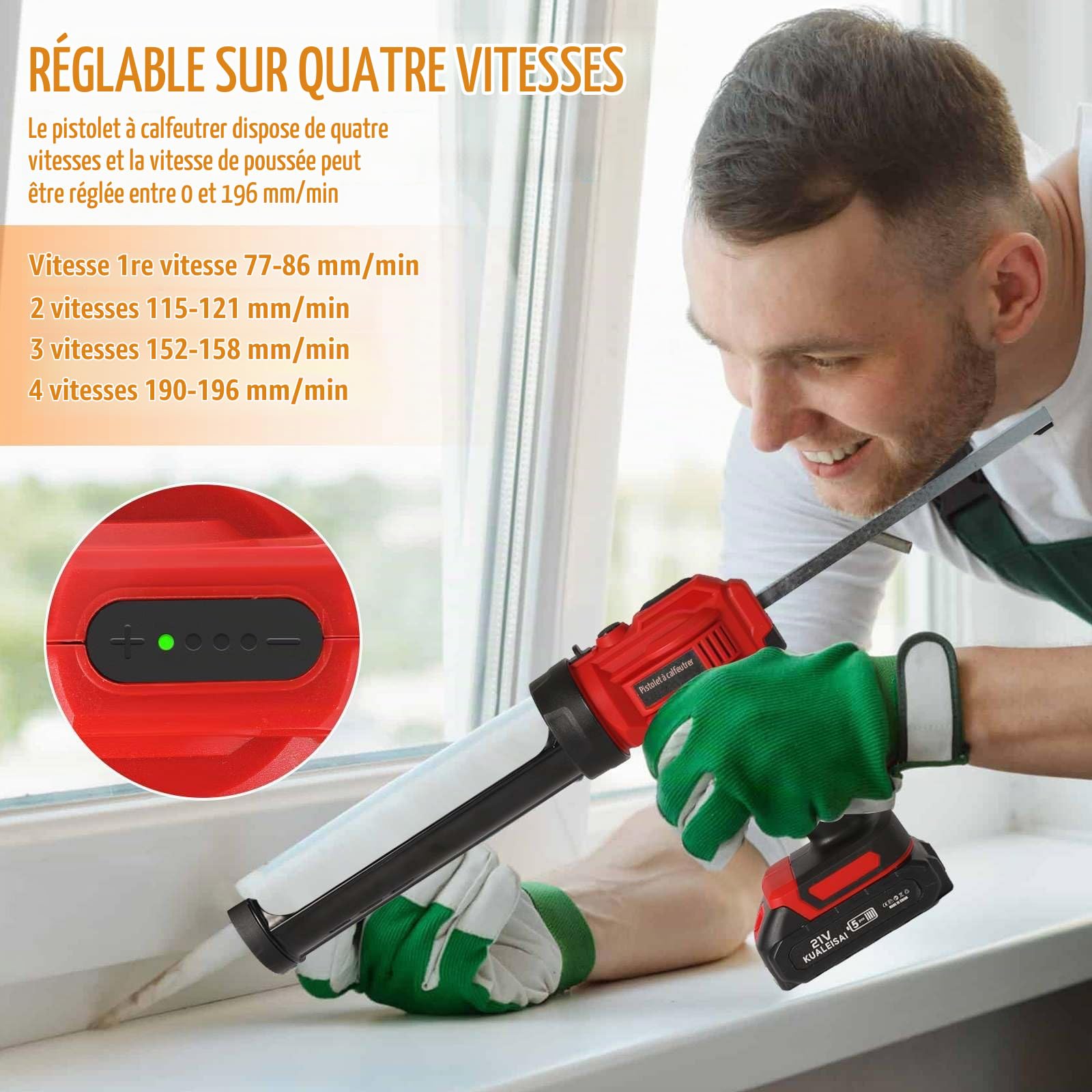 Pistolet Silicone électrique pour 18V,Batterie 1500mAh,Pistolet Silicone avec LED,4 vitesses réglables,Outil de Pistolet à Colle de pour étanchéité 300ML Sceller,Étanchéifier (1 Batterie)
