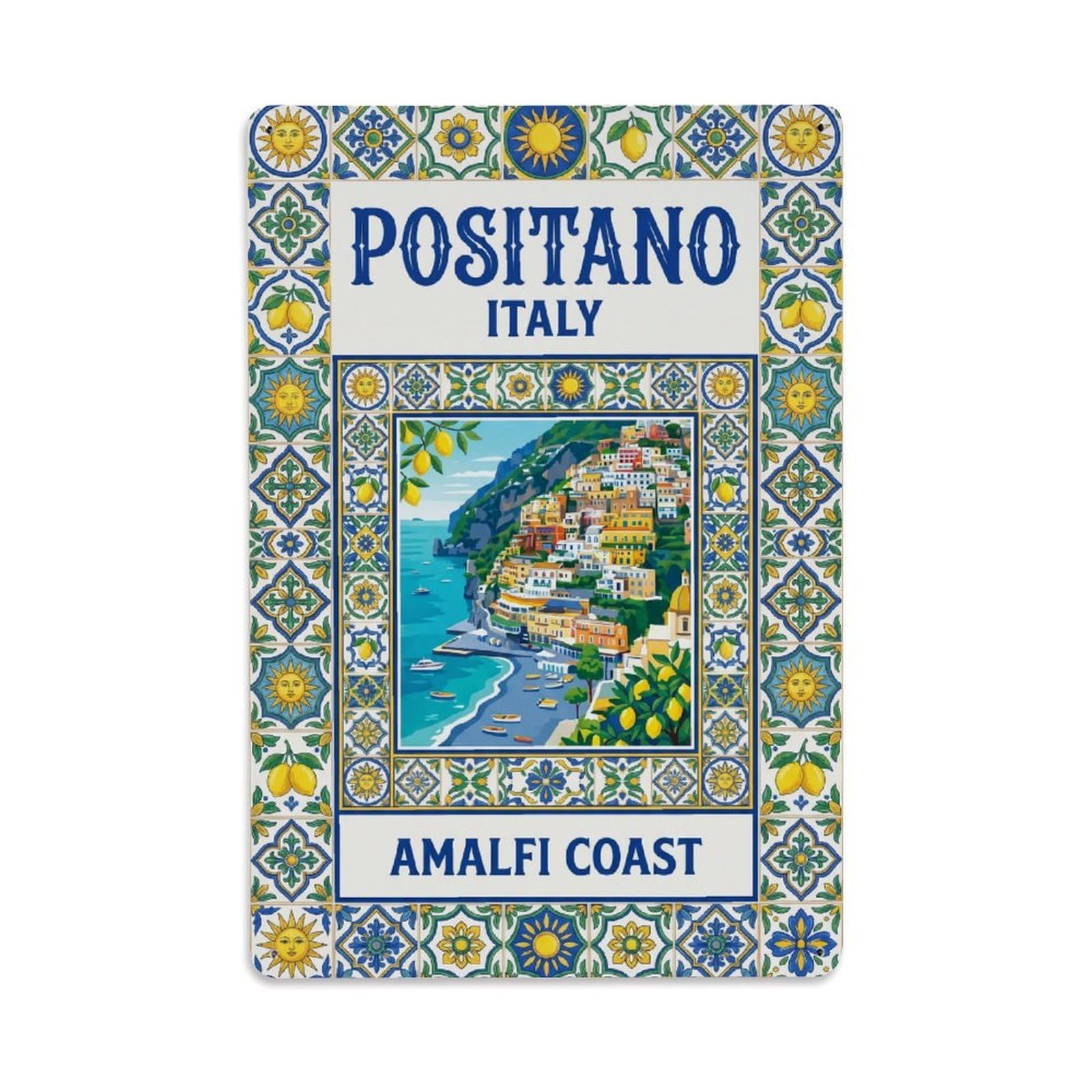 Vintage Travel Positano Italy Sky Metal Tin Sign Plaque Wall Decor for Cafe, Club Bar, Office, Garden Metal Poster 8x12Inch