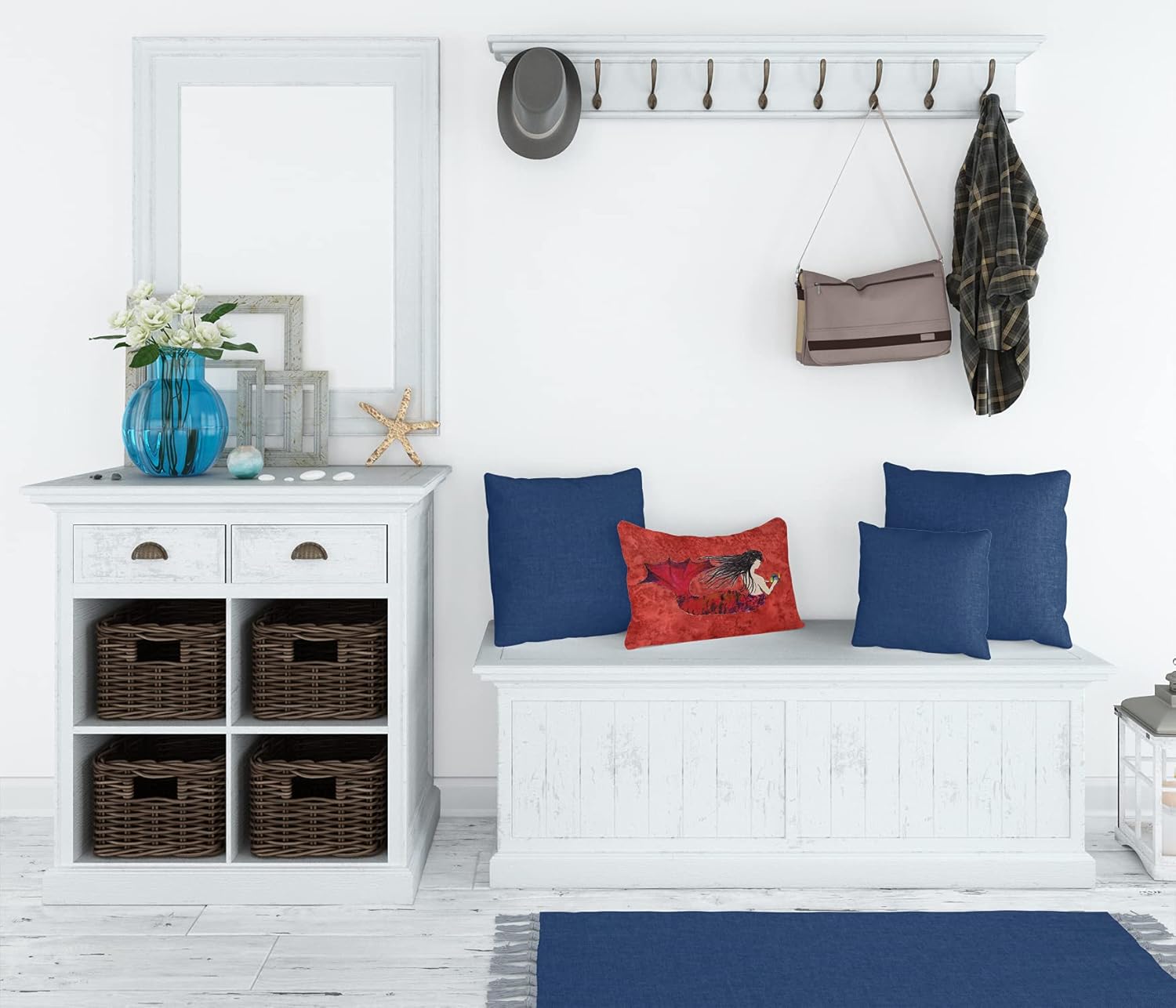 Caroline's Treasures 8726PW1216 Black Haired Mermaid on Red Canvas Fabric Decorative Pillow Machine Washable, Indoor Outdoor Decorative Pillow for Couch, Bed or Patio, 12HX16W