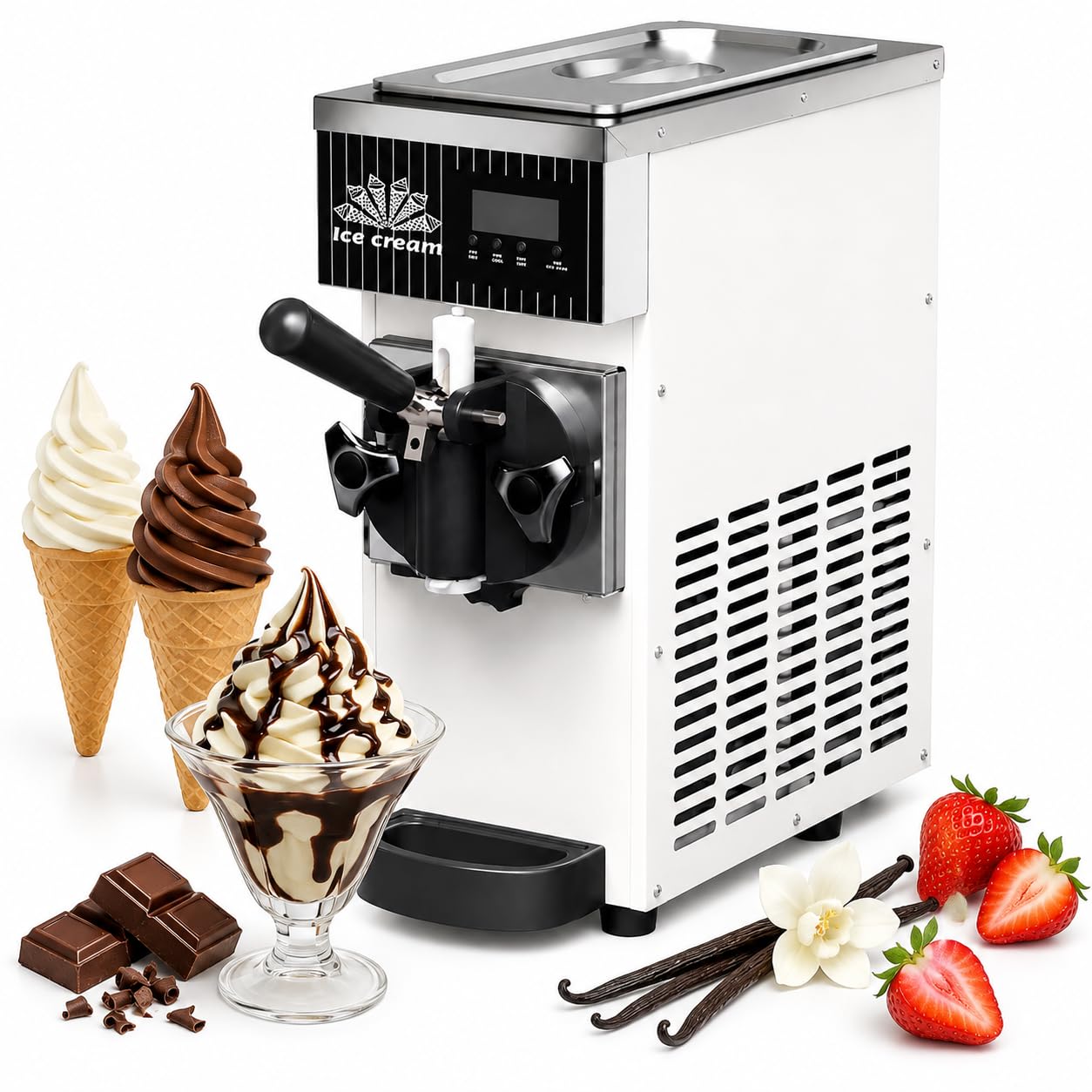 Maszyna do lodów Soft Serve, 450 W pojedynczy ekspres do smaku z pojemnikiem 2,5 l, pierwsza partia 10-13 min, sterowanie LCD, automatyczne czyszczenie, idealna na imprezy domowe