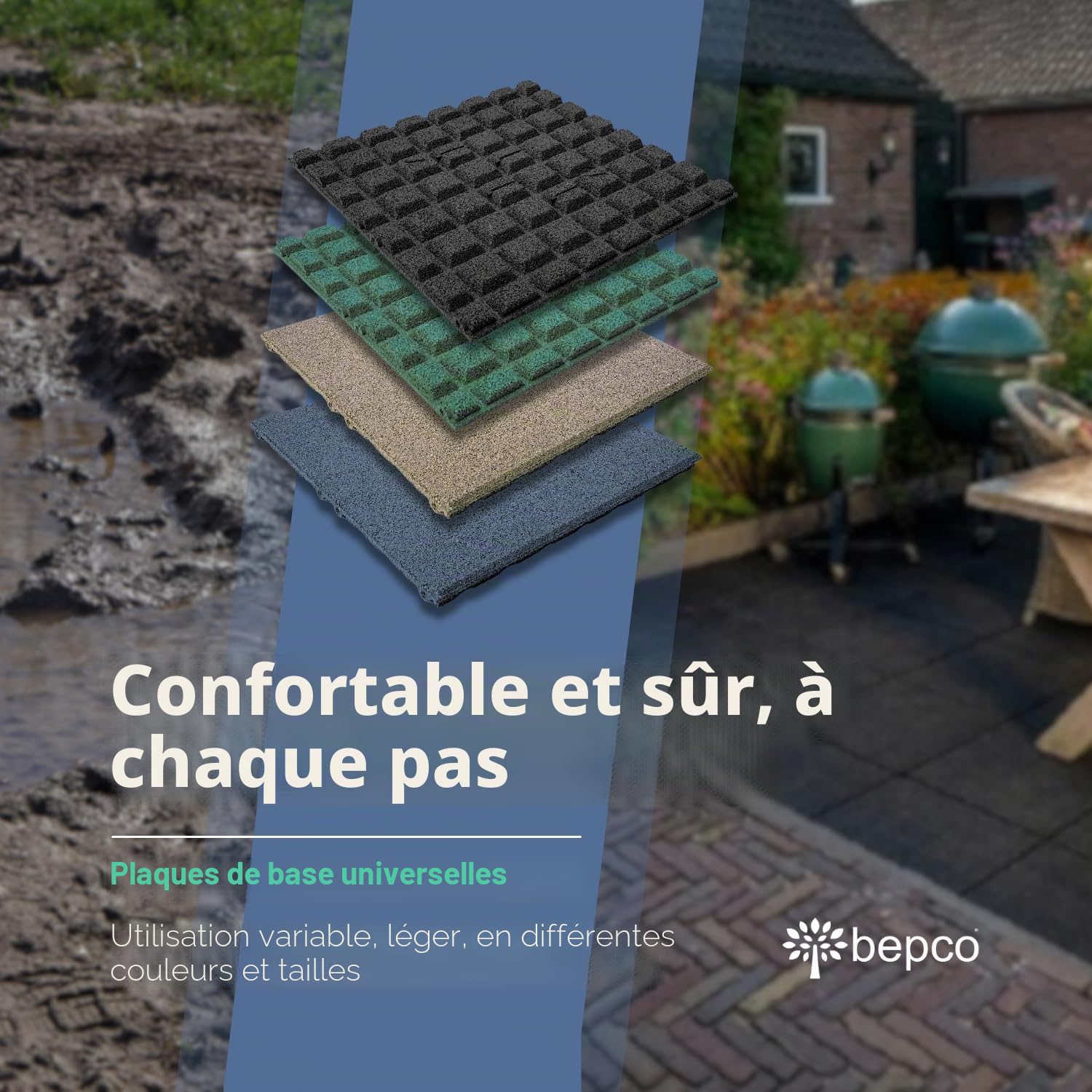 bepco Lot de 4 tapis anti-chute en caoutchouc, absorbant les chocs et antidérapants, avec 16 broches de connexion, en caoutchouc recyclé, pour chemins, terrasses, jeux et installations sportives (vert