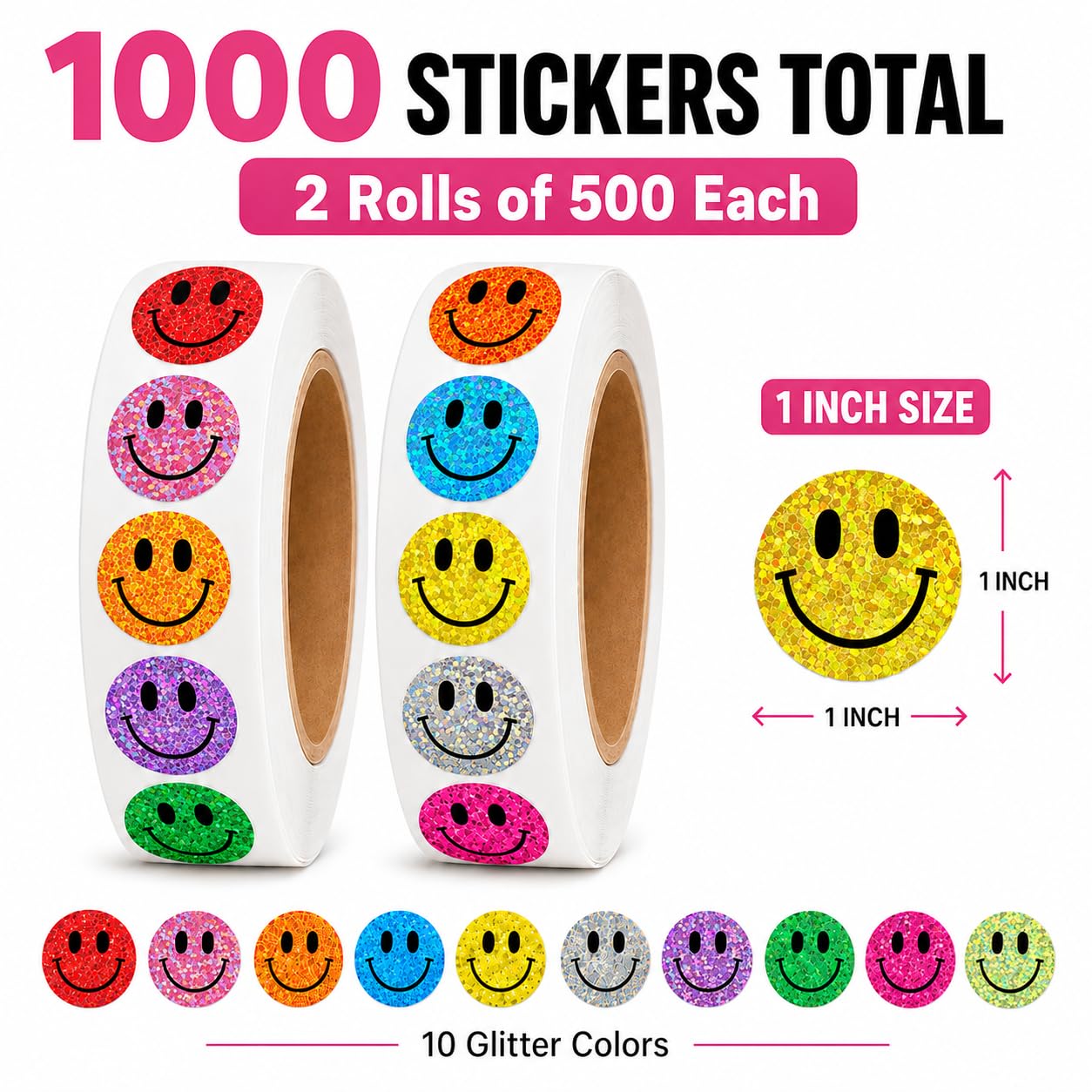 Smiley-Aufkleber mit Smiley-Motiv, 2,5 cm, 2 Rollen mit 500 runden Etiketten für Verpackung, Versandtaschen, Büroinventar, Versiegelung von Umschlägen und Geschäftsbedarf (Smiley_Glitzer)