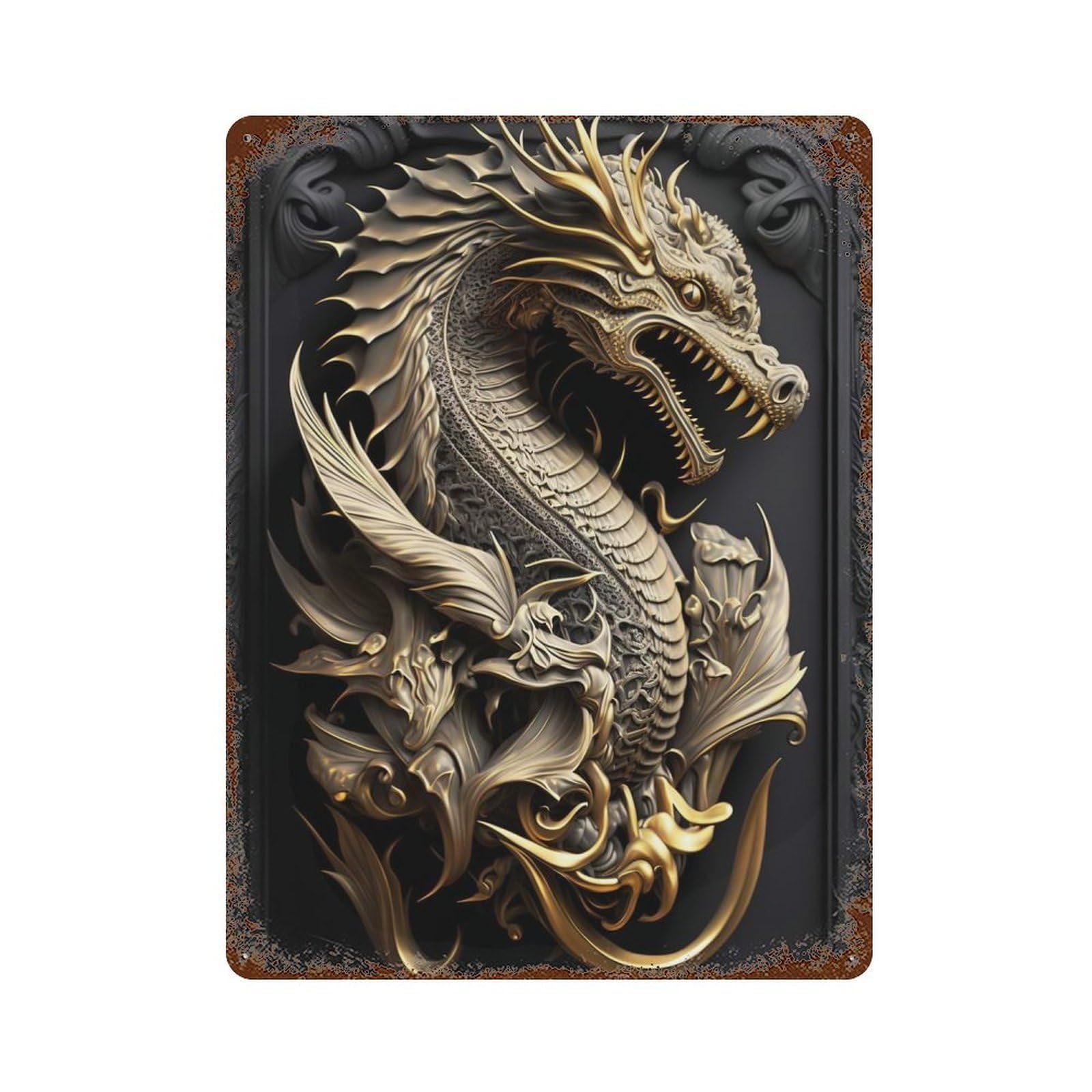 Mystic Dragon Art Deco Aged Metal Wall Plaque 15.7"x11.8", for Office, Studio And Wall Decor, Novelty Wall Decor