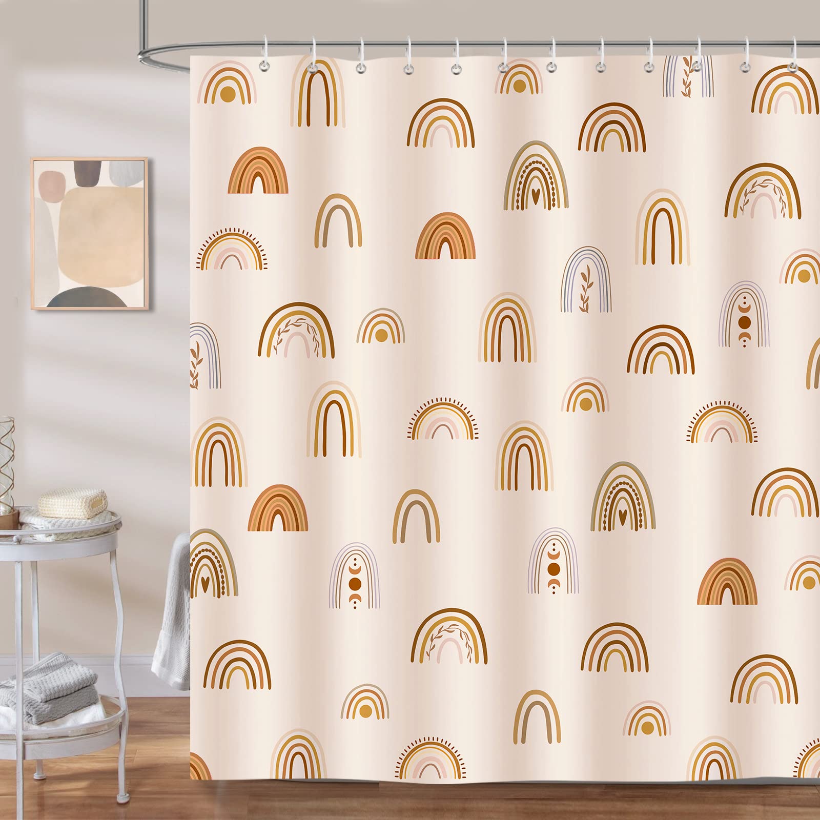 Bonhause Tenda Doccia Arcobaleno Boho Mezzo Secolo Astratto 180 x 180 cm Tende per Doccia per Ragazze in Poliestere Impermeabile Antimuffa Lavabile Tende Bagno con 12 Ganci
