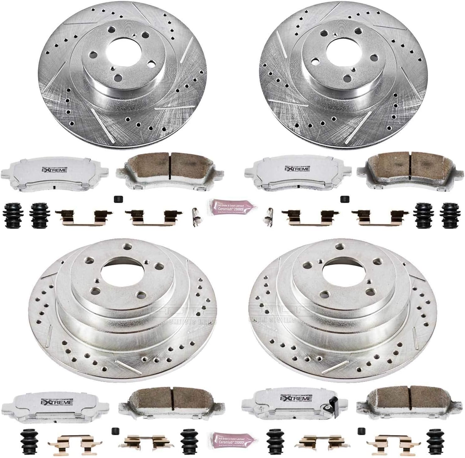 PowerStop Front and Rear Brake Kit For Subaru Impreza 2002-03 - Carbon Fiber Ceramic Brake Pads + Drilled & Slotted Rotors Upgrade, K2371-26
