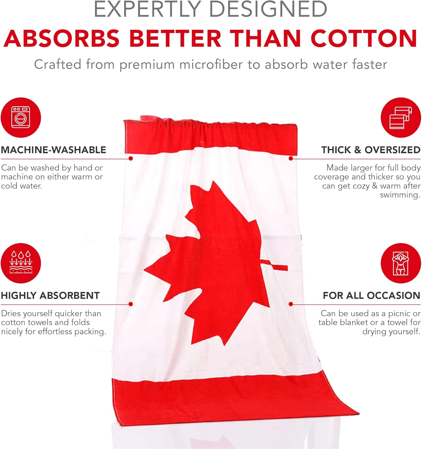 Beach Towels Canada Flag Design - Versatile Large Microfiber Beach Towel, Travel Blanket, Quick Dry Beach Towel to add to Bath, Travel, Beach Essentials, 32 in x 72 in, 410 GSM