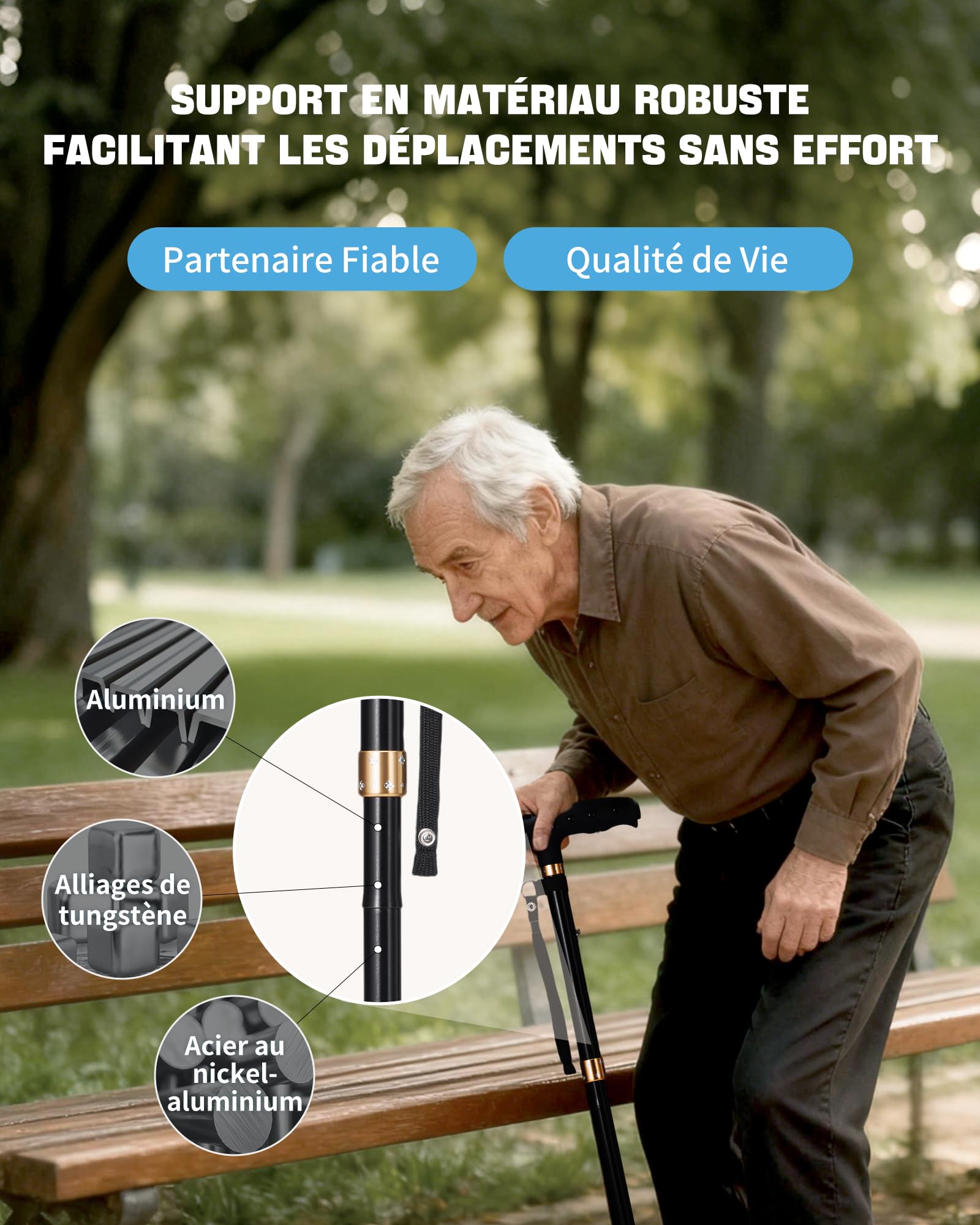 Sinocare Canne de Marche Pliable, Canne Légère et Portable avec | Base Pivotante 360° Poignée en T, Résistant 115kg, Réglable 85-95cm LED pour Adultes et Seniors