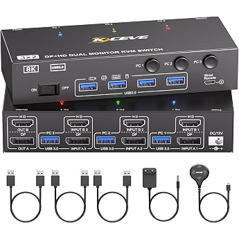 8 K @ 60Hz HDMI DisplayPort Dual Monitors KVM Switch ESKEVE KVM Switch 3 PC 2 Monitors Sharing 2 Monitors and 4 USB Devices with Power Supply Cable Remote Control and 3 USB Cables