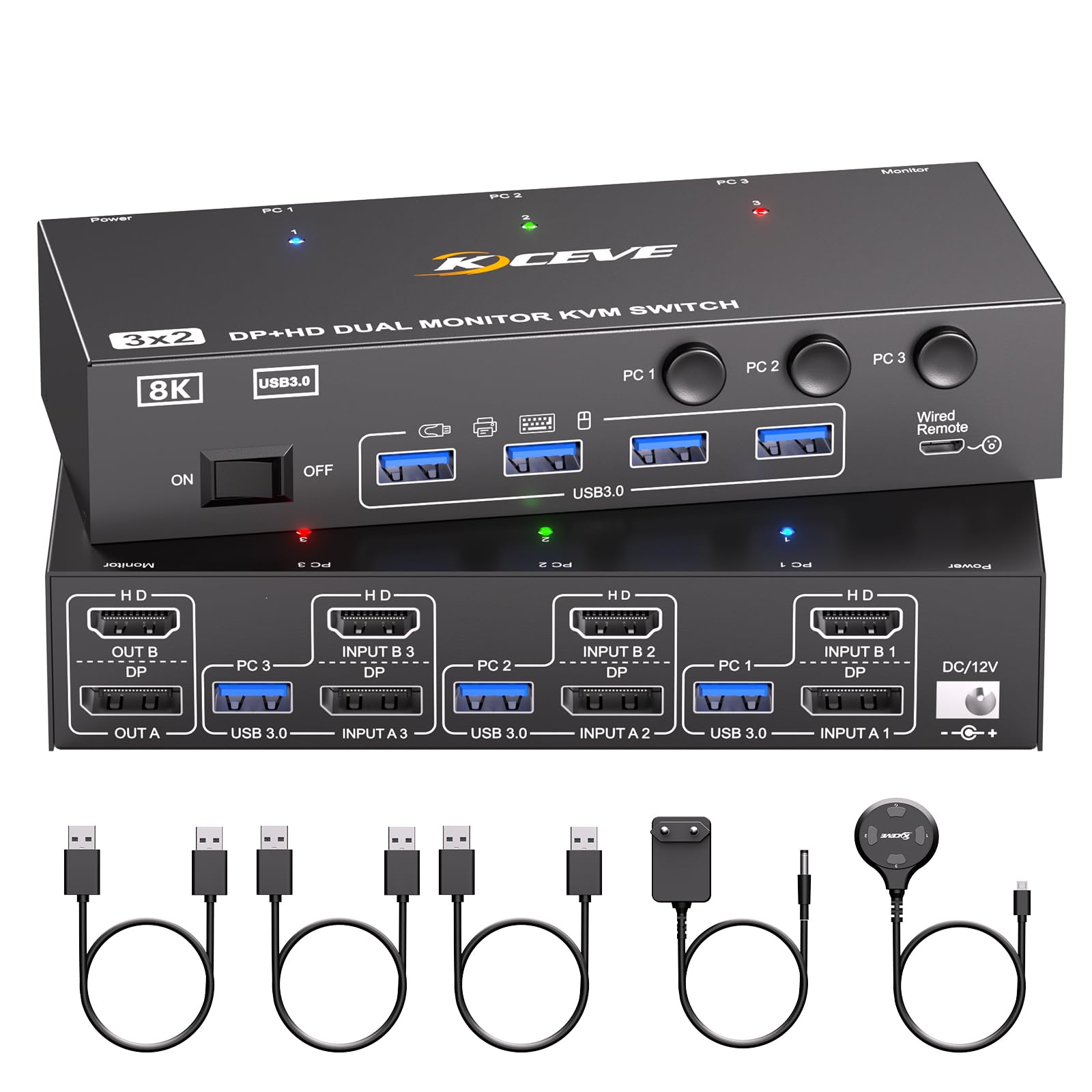 8K@60Hz HDMI Displayport Dual Monitore KVM Switch, ESKEVE KVM Switch 3 PC 2 Monitore Sharing 2 Monitore und 4 USB Geräte, mit Netzteil, Kabelfernbedienung und 3 USB Kabel