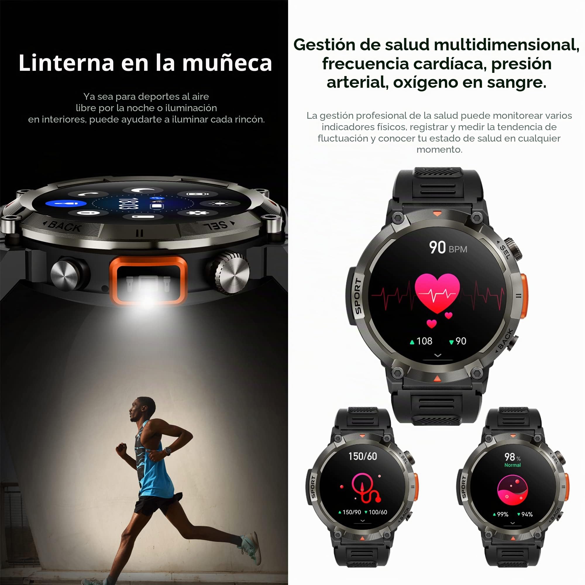 Reloj Inteligente Hombre con Llamadas,1,45 Pulgada Smartwatch Deportivo con Linterna Podometro Pulsometro SpO2 Sueño Presion Arterial Pulsera Actividad 5ATM Reloj Digital para iOS Android(3 Correas)
