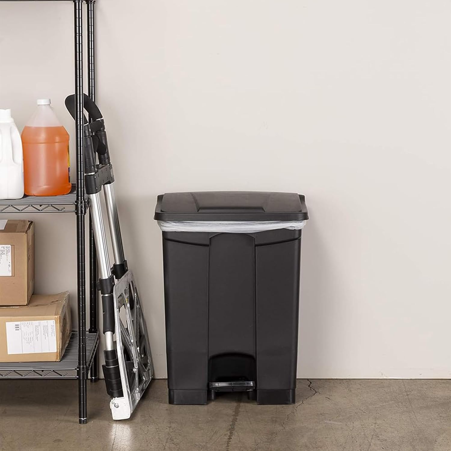 Safco Step On Plastic Trash Can with Foot Pedal, 23 Gallon Garbage Can for Kitchen, Indoor or Outdoor Use, Hands Free, Black