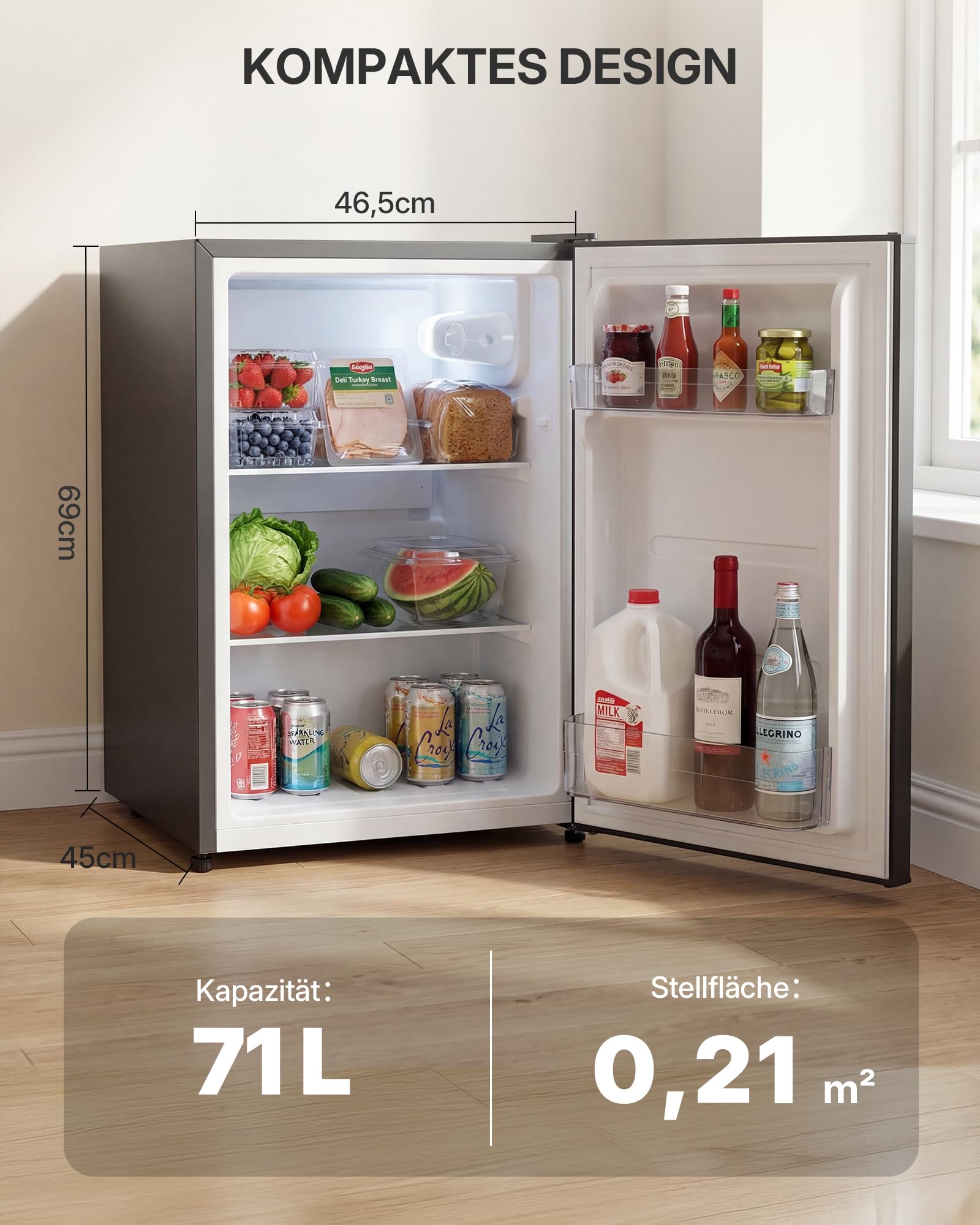 Upstreman 71L Kühlschrank Ohne Gefrierfach, 1-10°C 7-stufige Temperaturregelung, LED-Beleuchtung,40 dB Leise, Energiesparender Vollraumkühlschrank für Schlafzimmer Büro Küche, CR71-Dunkelgrau