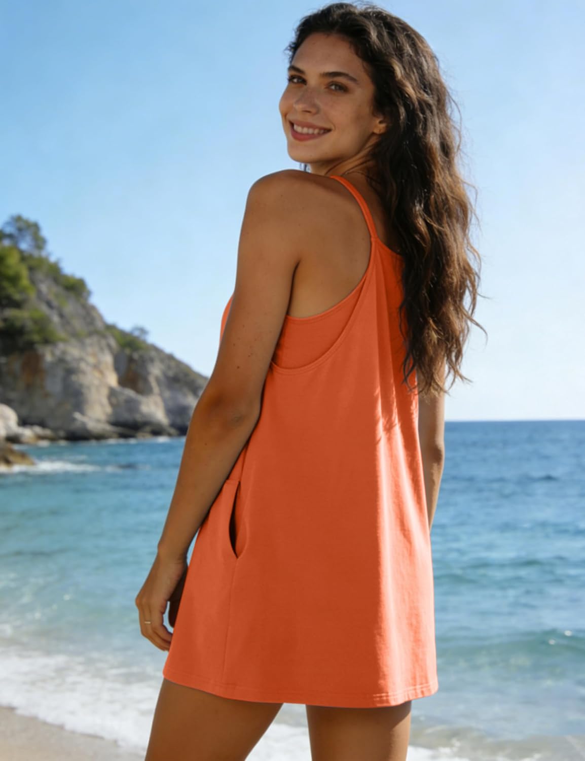 Yeokou Women's Sleeveless Summer Casual Beach Mini Dress Built-in Shorts Square Neck Tank Active Dress with Pockets