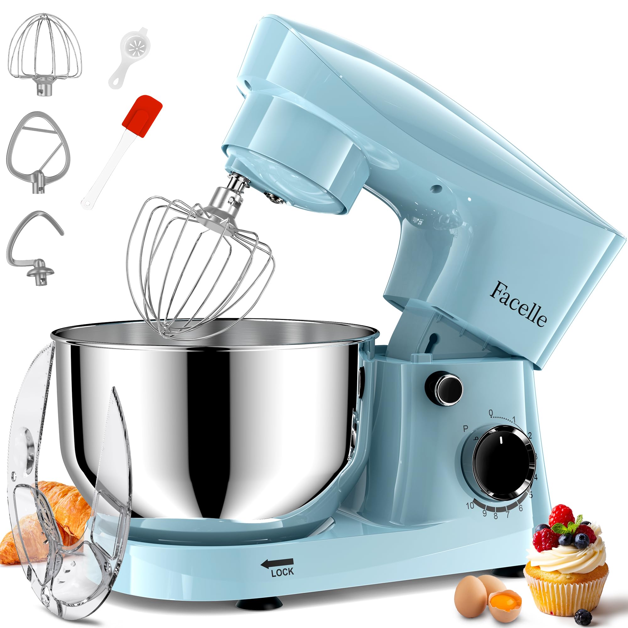 facelle stand mixer, 10-speed 6qt kitchen electric mixer, tilt-head food mixer with beater, dough hook, wire whip and egg separator, scraper for most home cooks - blue