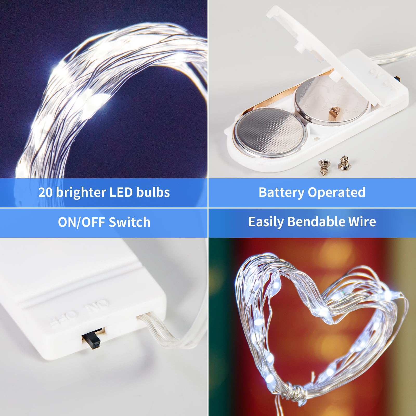 6 Unidades de Luces LED de Cadena Estrellada de 7.2 pies, 20 Luces LED de Hadas alimentadas por batería, Alambre de Cobre para Bricolaje, Luces de decoración de Navidad