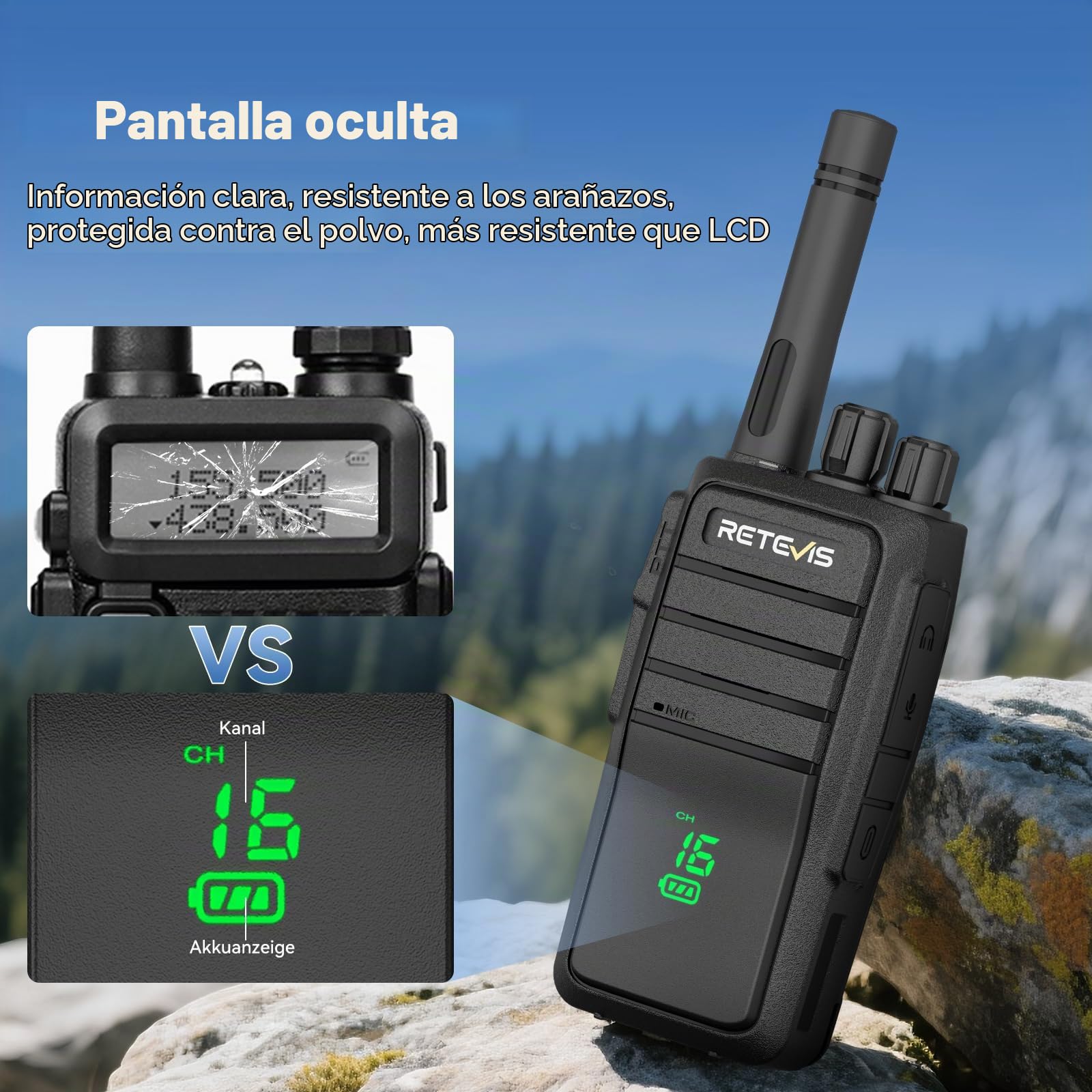 Retevis RT21H Walkie-Talkie para Adultos, sin Licencia, con Pantalla Oculta, IP54, Carga Tipo C, Alarma de Emergencia VOX, Radio Bidireccional para Senderismo, Camping y Escuela (2 Unidades, Negro)