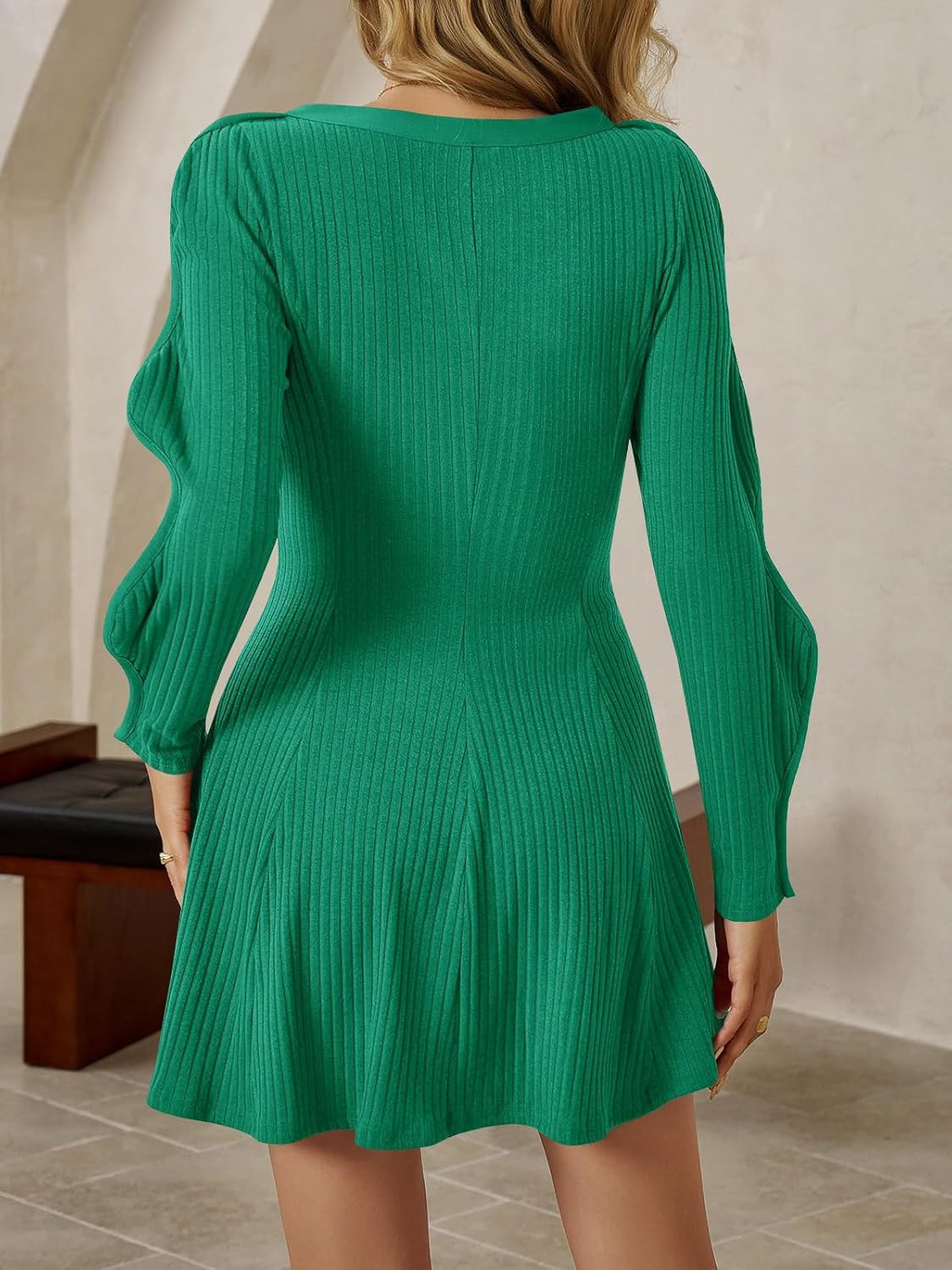 Wenrine Womens Puff Long Sleeve Sweater Dress Casual Button Down V Neck Ribbed Knit A Line Party Fall Mini Dresses - Image 4