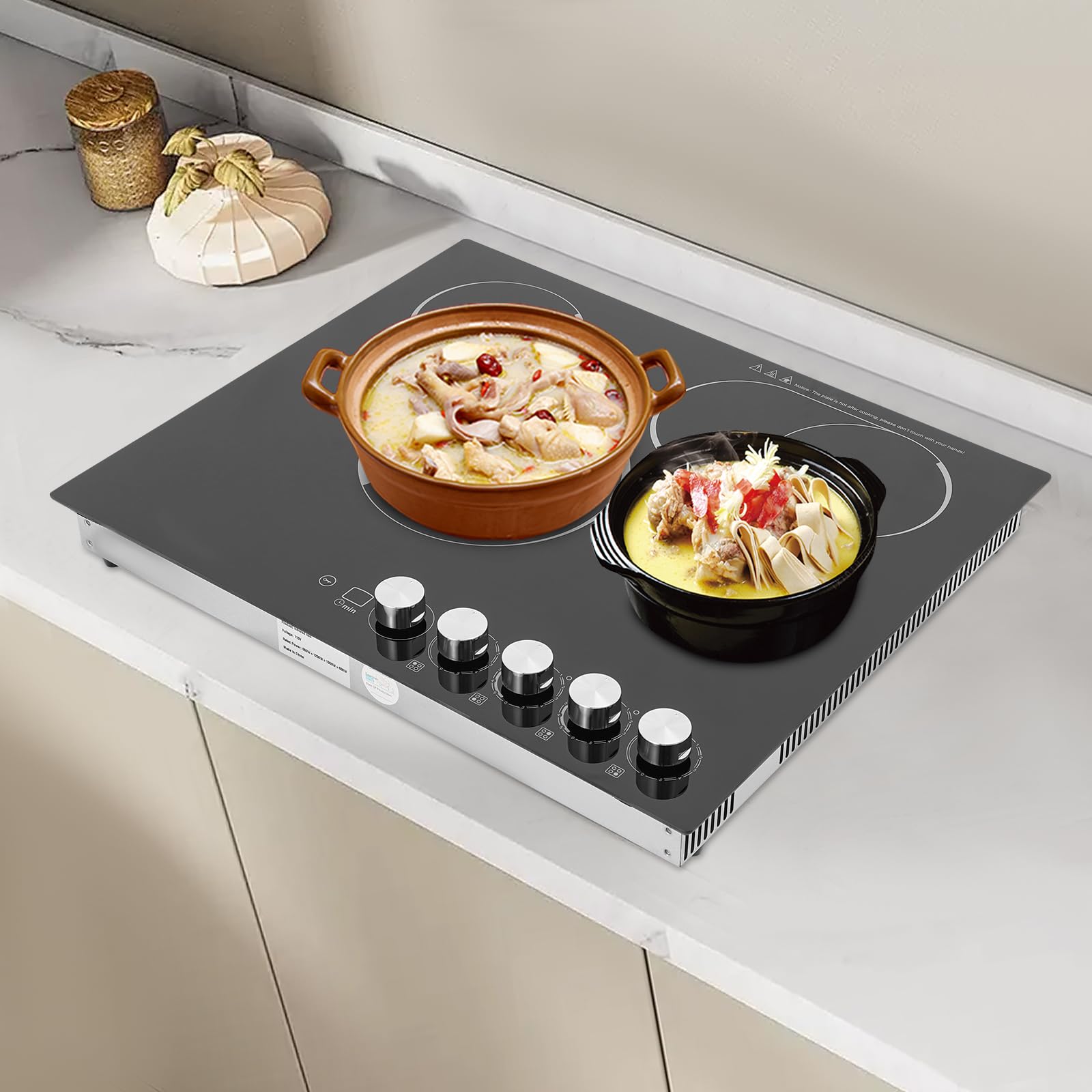 4 Burners Electric Cooktop, 24 Inch 3400W Electric Ceramic Cooktop Built-in Electric Stove Top with 5 Heating Levels, Kid Safety Lock and Timer, 110V for Hard Wire (No Plug)