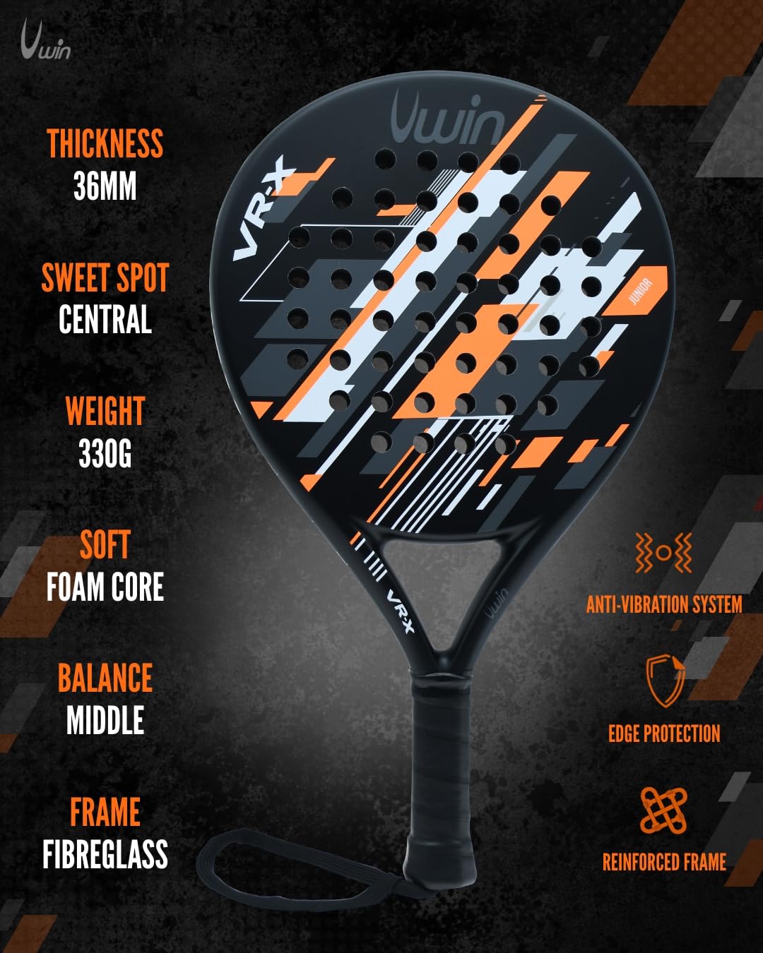 Uwin VR-X Junior - Racchetta da padel per bambini, telaio in fibra di vetro leggera, anima morbida EVA 13, forma rotonda con punto dolce centrale, finitura opaca, arancione, bianco, grigio