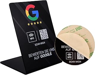Google Bewertung NFC Set, Aufsteller & Hinterglasaufkleber, fertig eingerichtet, mit NFC und QR-Code für einfache Kundenbewertungen (Schwarz)