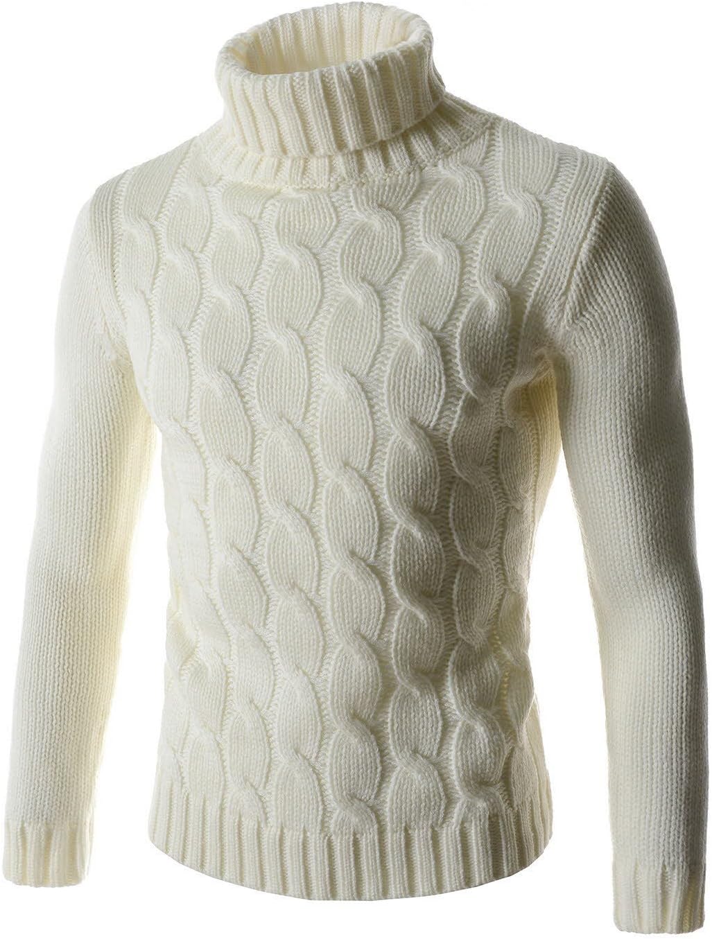 Showblanc (SBTN01 Man Easy Fit Chunky Cable Textured Knit Turtleneck Sweater White US XS(Tag Size M)