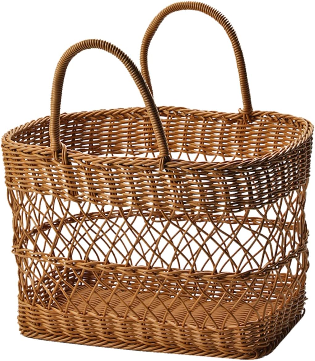 Cabilock Portable Imitation Rattan Woven Picnic Basket Lightweight Multi Functional Camping Food Storage for Outdoor Events Weddings and Home Decor