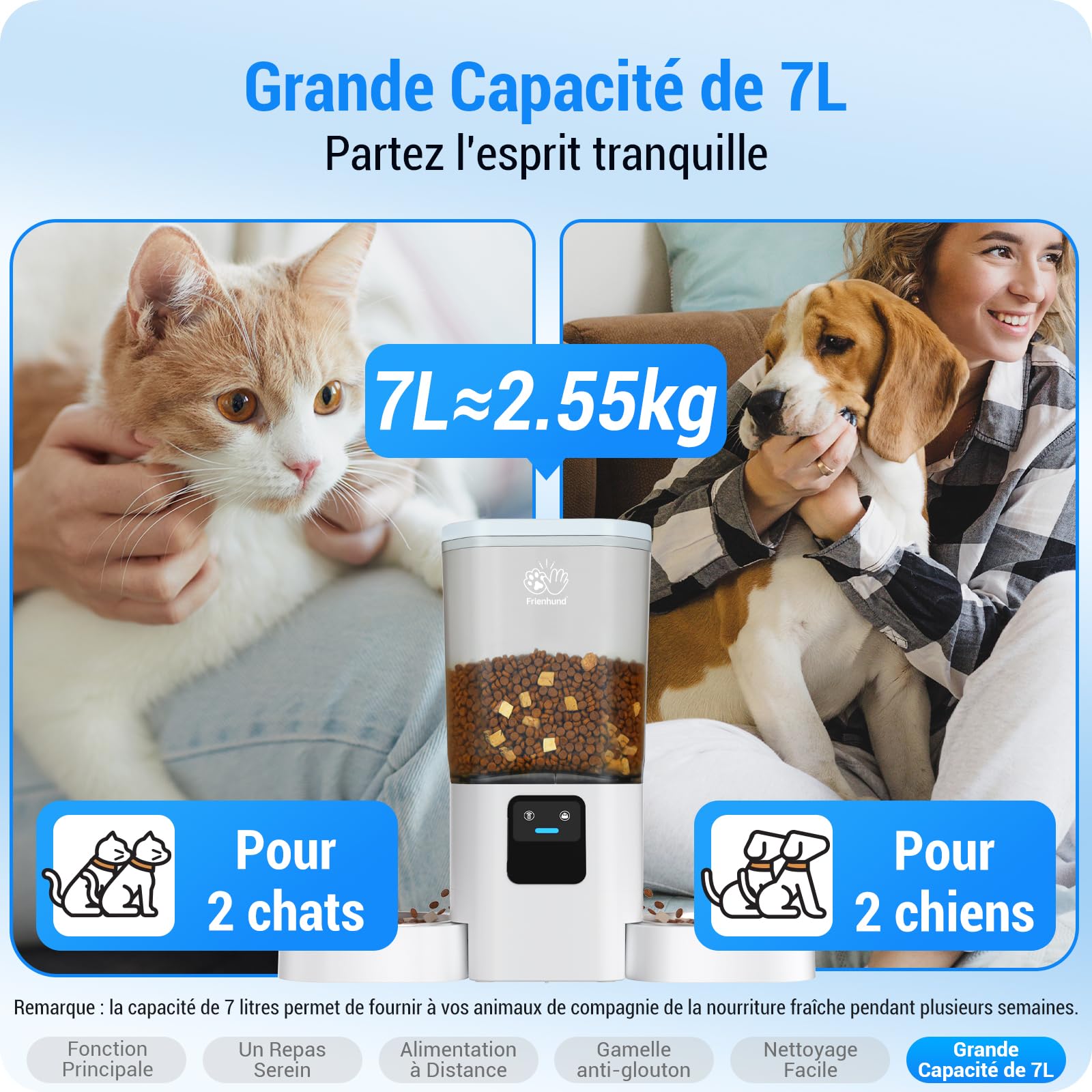 Frienhund Distributeur Croquettes Chat Automatique Double avec Alimentation Lente: 7L Gamelle Chat Automatique pour 2 Bols, WiFi 5G Distributeur Croquette Chien avec Alexa, Détachable