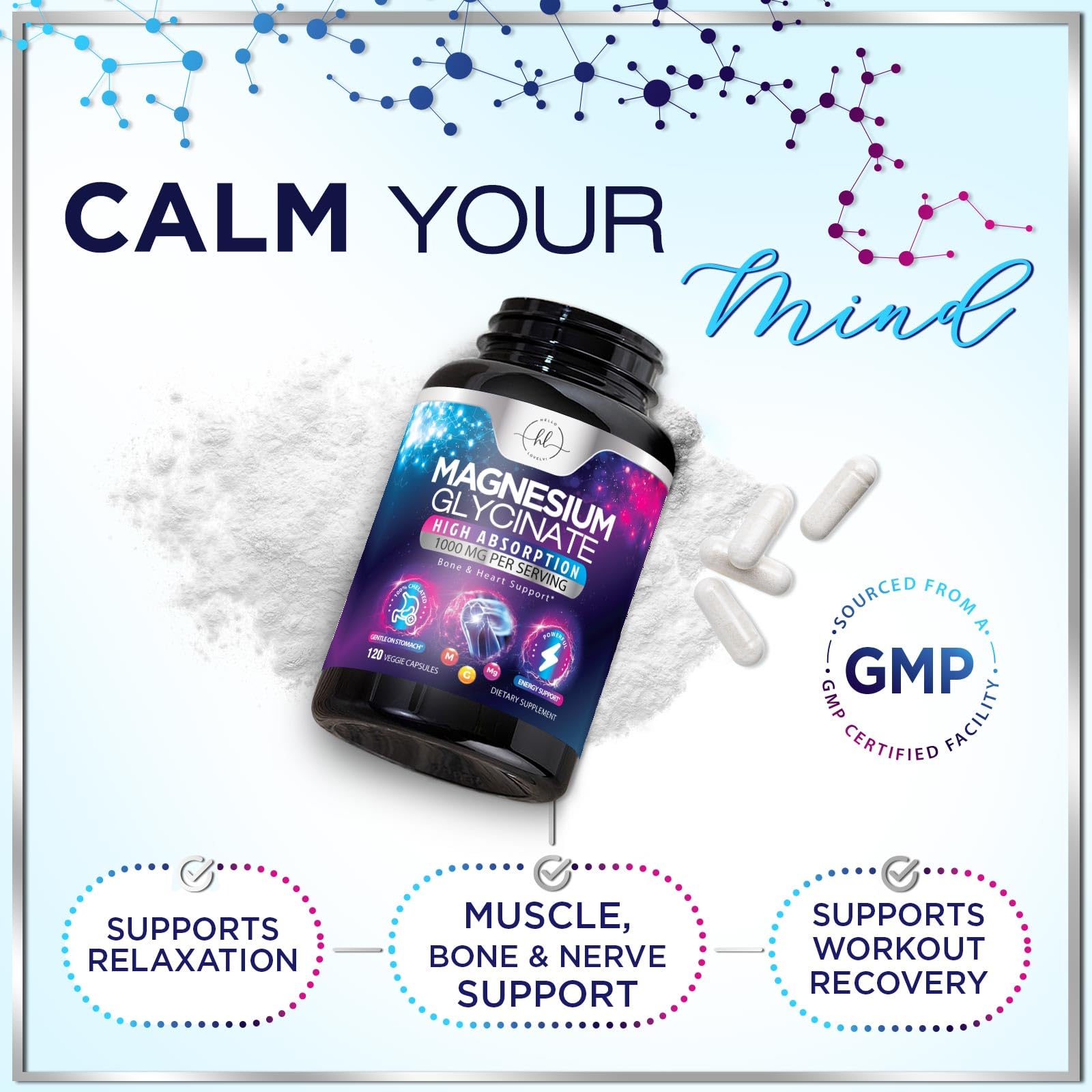 Magnesium Glycinate Supplement 1000mg - 100% Chelated & Purified - Essential Sleep, Muscle Relaxation, Heart & Bone Health Support - Gentle, High Absorption Formula - Vegan, Bottled USA - 120 Capsules — Amazon image 6