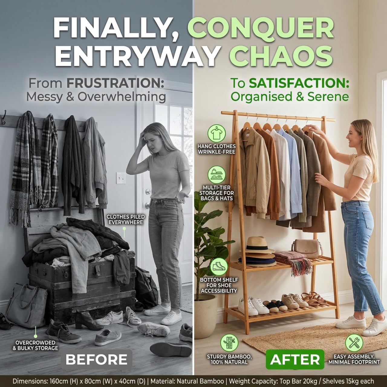 Finnhomy Bamboo Clothes Rack Portable Extra Large Garment Rack 2-Tire Storage Box Shelves For Entryway and Bed Room Patented Design
