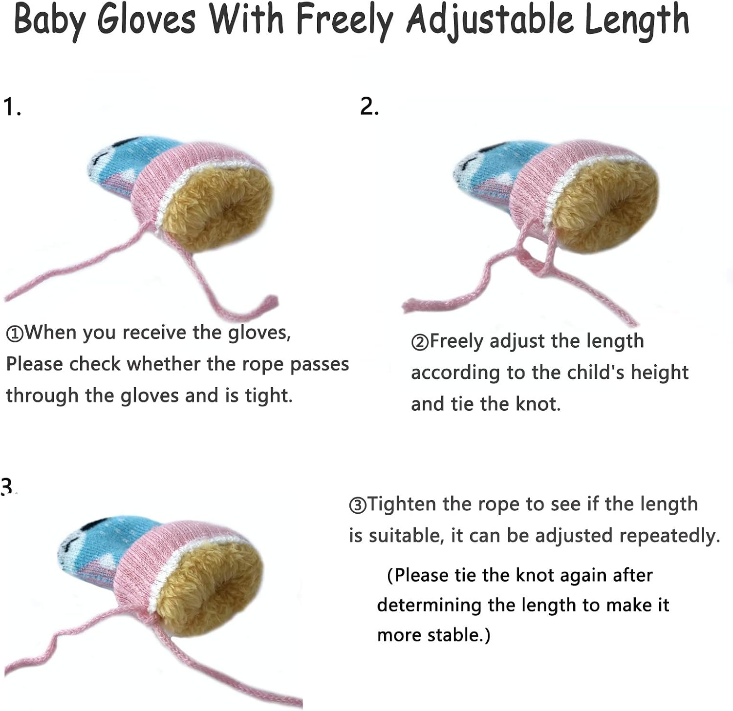 Toddler Kids Winter Warm Thick Knitted Gloves Fleece Lined Full Finger Mittens with String for 1-3 Years Kids