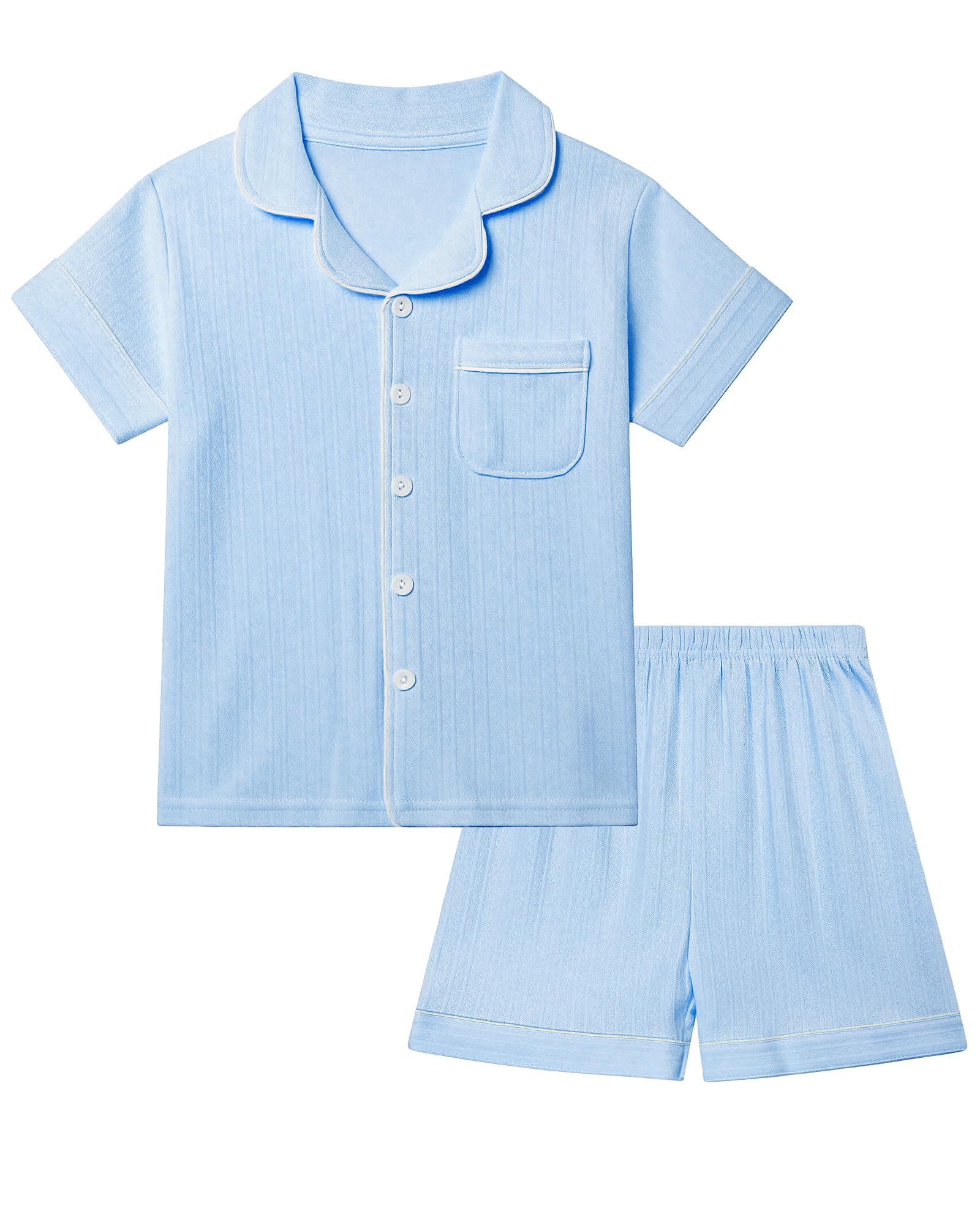 KAKU NANU Pigiama in Cotone per Bambina Maniche Corte 5-13 Anni,con Bottoni Traspirante Set da 2 Pezzi Abbigliamento da Notte Tinta Unita