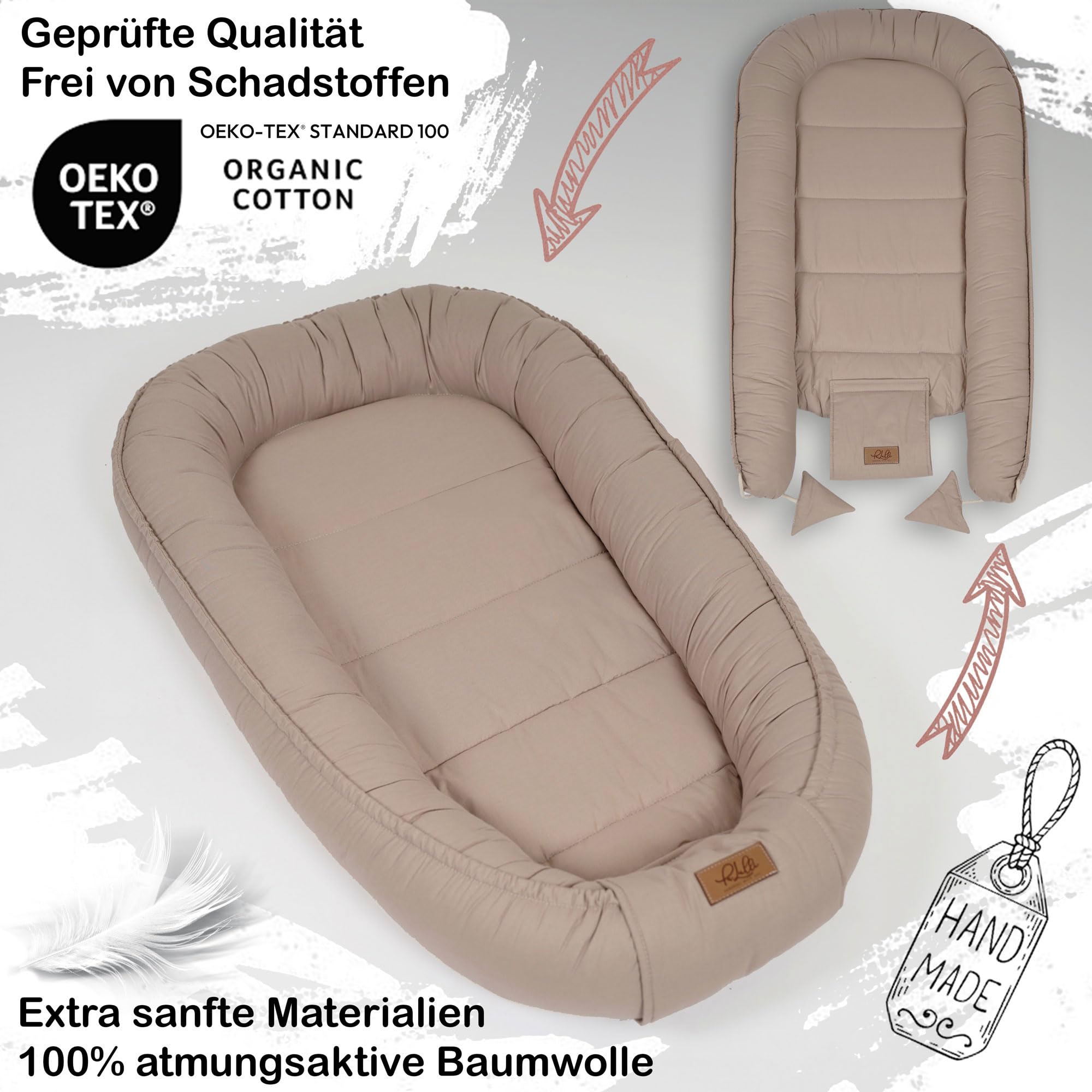 PaLulli® Extra Großes Babynest 100x60 cm | Set mit herausnehmbarer Einlage Baumwolle | Beidseitig nutzbares Kuschelnest für Babys | Handgefertigt, Atmungsaktiv & Sicher (Braun)