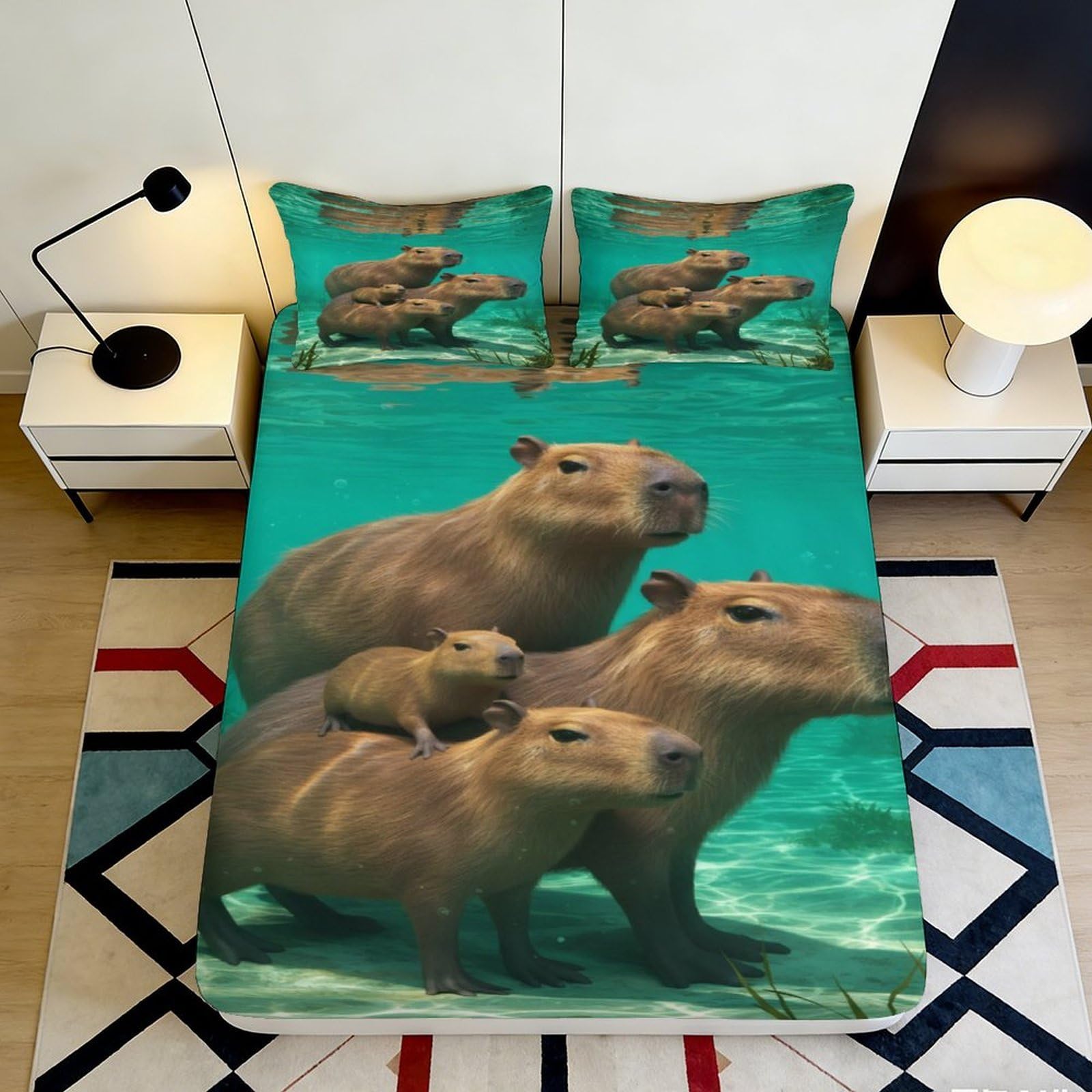 Uynsixtme Style-8 3D Printed Capybara Home Fitted Sheet Microfiber Deep Pocket Non-Slip Capybara Mattress Fitted Cover For Bedroom Bedding 140X200x25cm