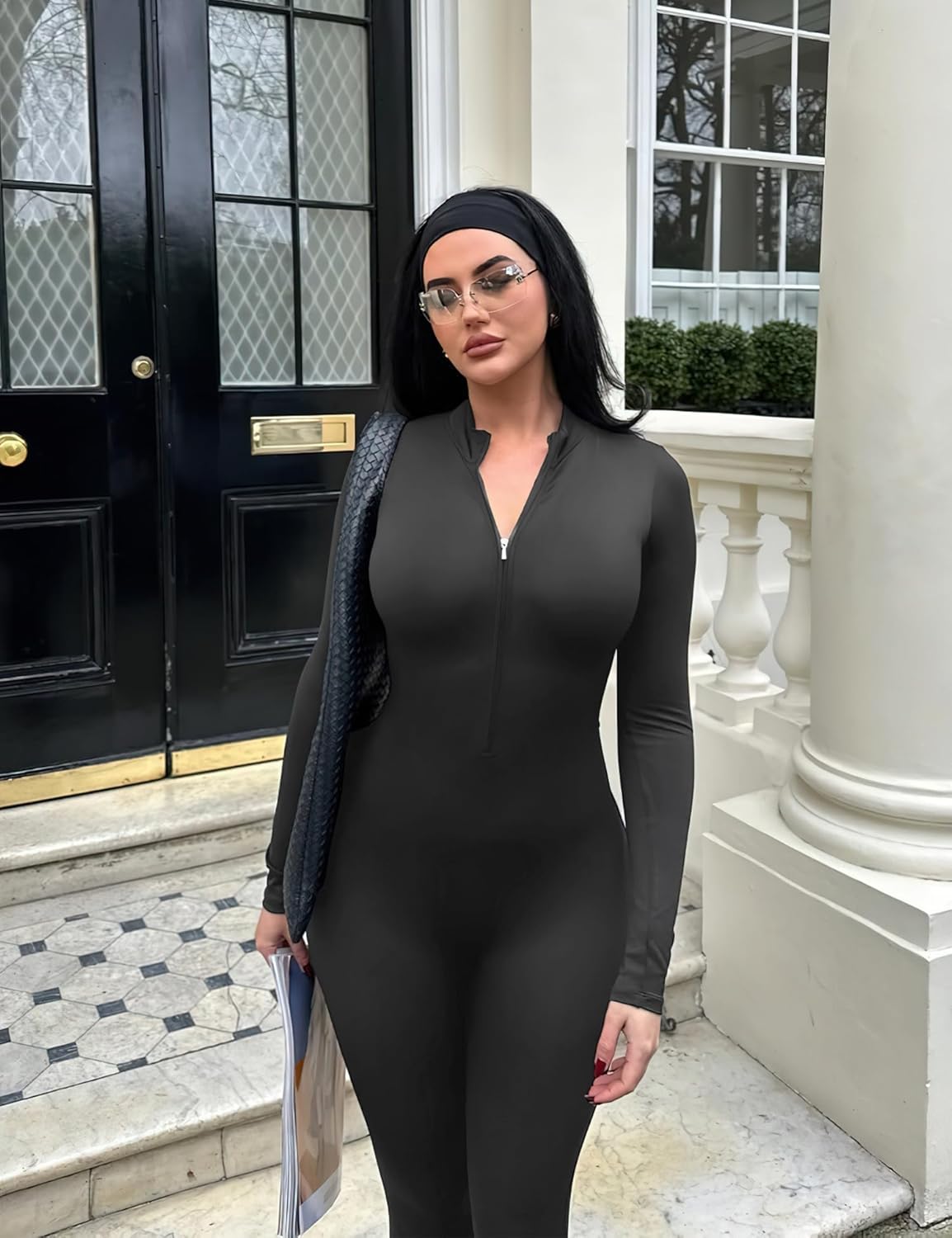 YEOREO Women Long Sleeve Workout Jumpsuit Zip Up Romper Bottom Pants Bodysuit Bodycon Sexy One Piece - Image 3